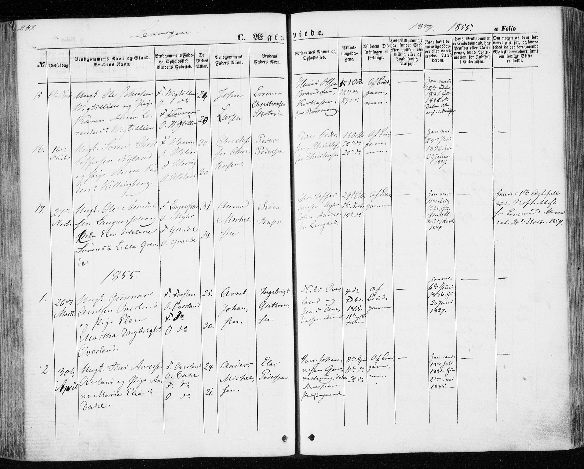 Ministerialprotokoller, klokkerbøker og fødselsregistre - Nord-Trøndelag, SAT/A-1458/701/L0008: Parish register (official) no. 701A08 /1, 1854-1863, p. 242