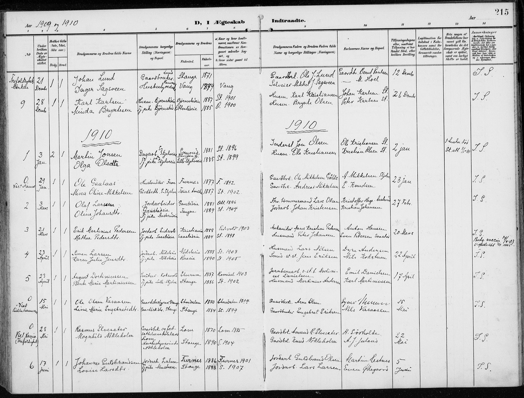 Stange prestekontor, AV/SAH-PREST-002/K/L0024: Parish register (official) no. 24, 1906-1922, p. 215