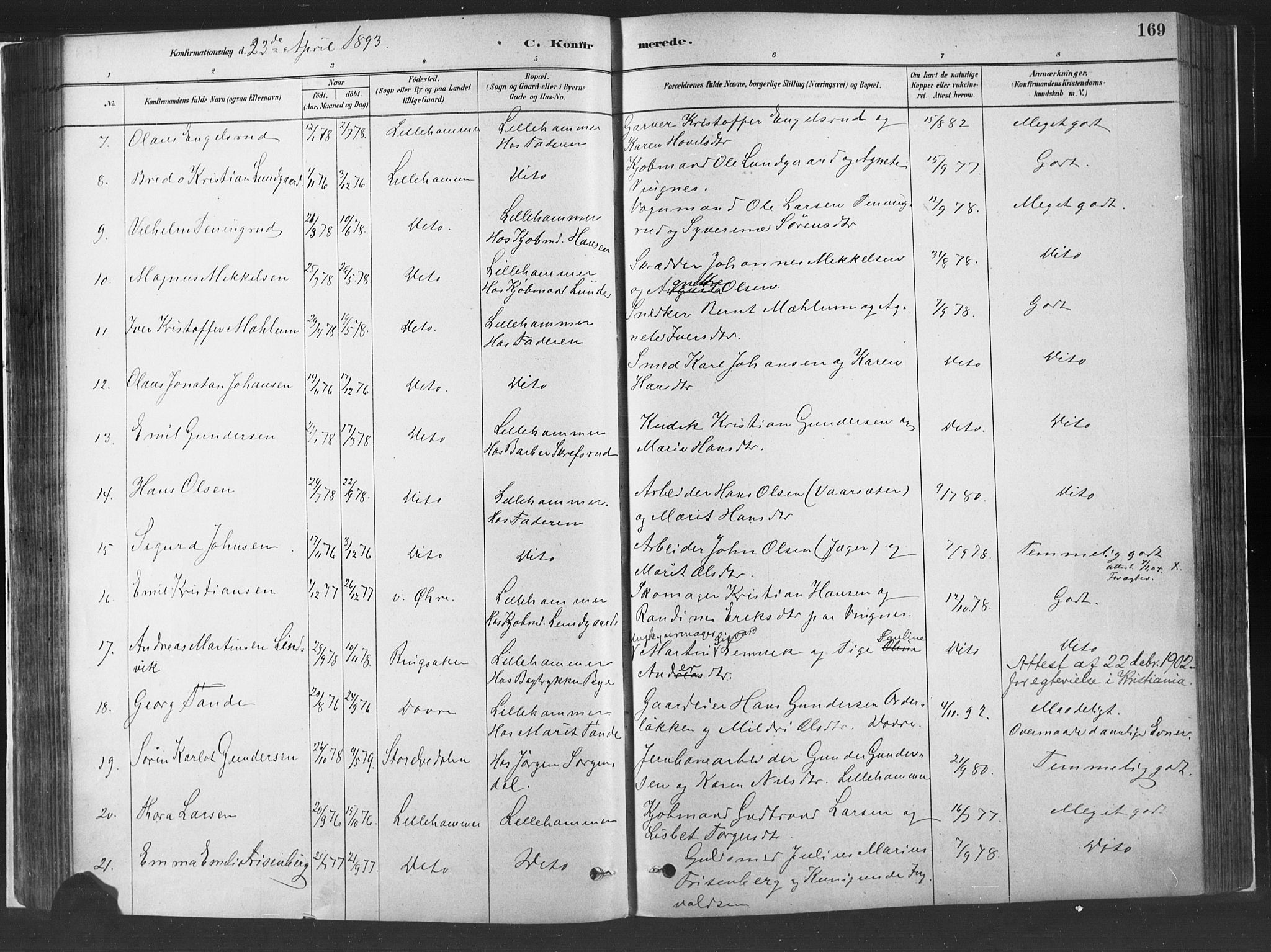 Fåberg prestekontor, SAH/PREST-086/H/Ha/Haa/L0010: Parish register (official) no. 10, 1879-1900, p. 169