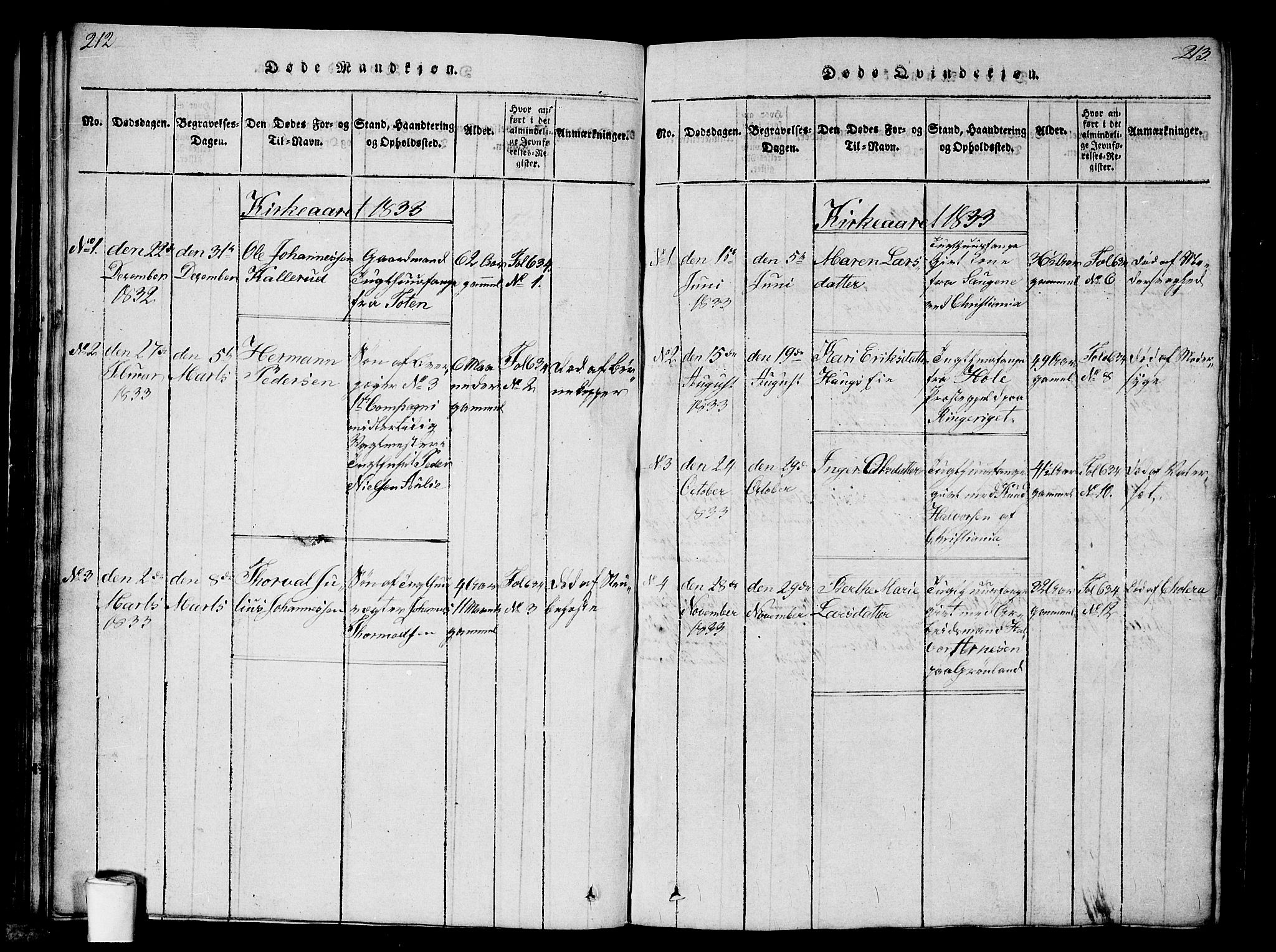 Kristiania tukthusprest Kirkebøker, SAO/A-10881/G/Ga/L0001: Parish register (copy) no. 1, 1818-1857, p. 212-213
