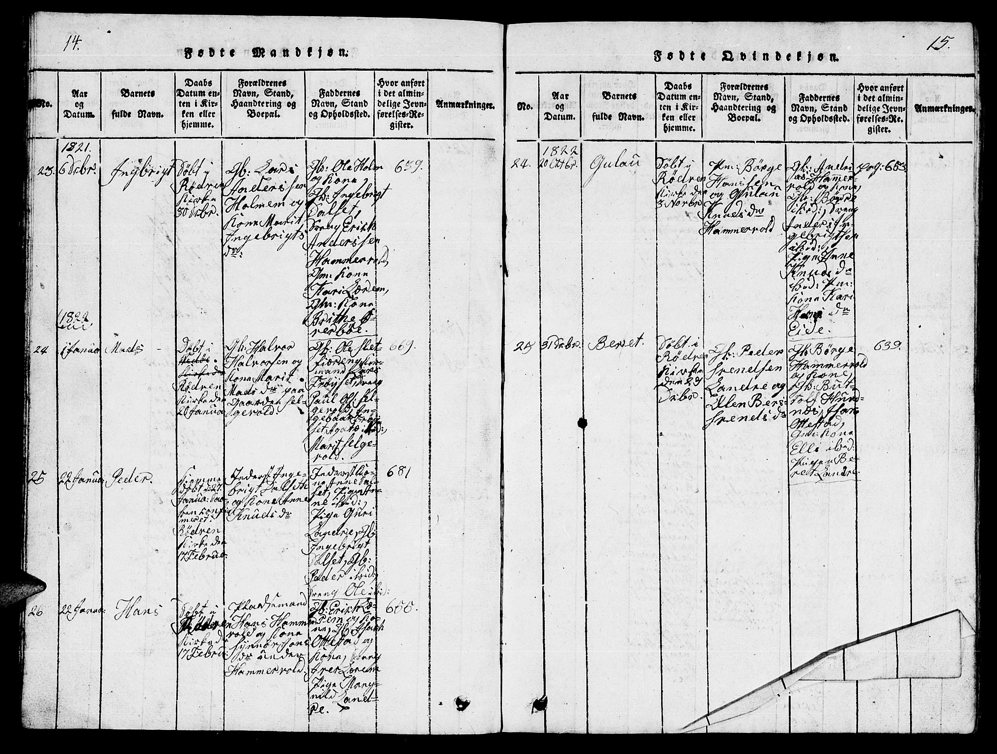 Ministerialprotokoller, klokkerbøker og fødselsregistre - Møre og Romsdal, AV/SAT-A-1454/548/L0613: Parish register (copy) no. 548C01, 1818-1846, p. 14-15