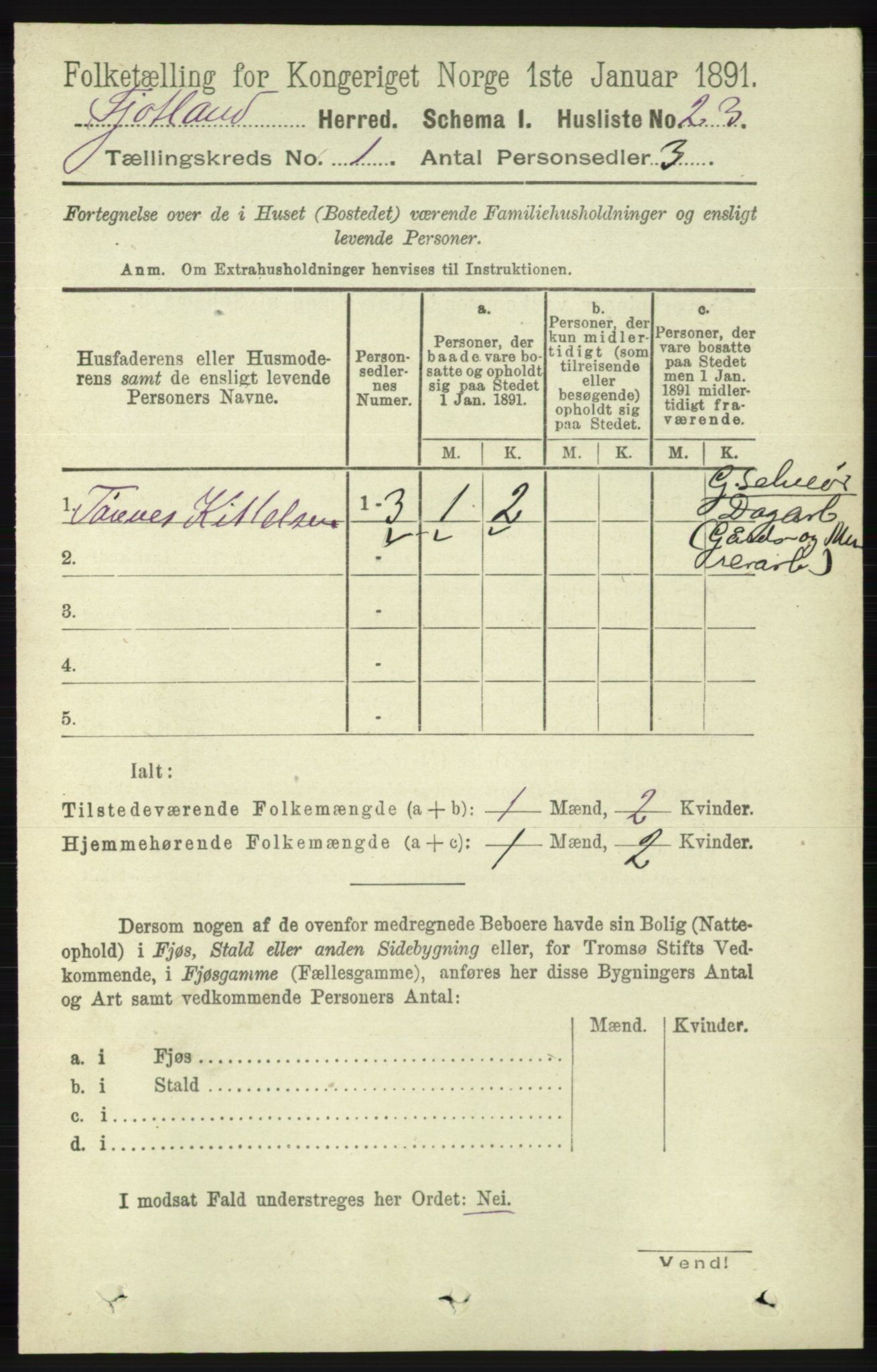 RA, 1891 census for 1036 Fjotland, 1891, p. 47