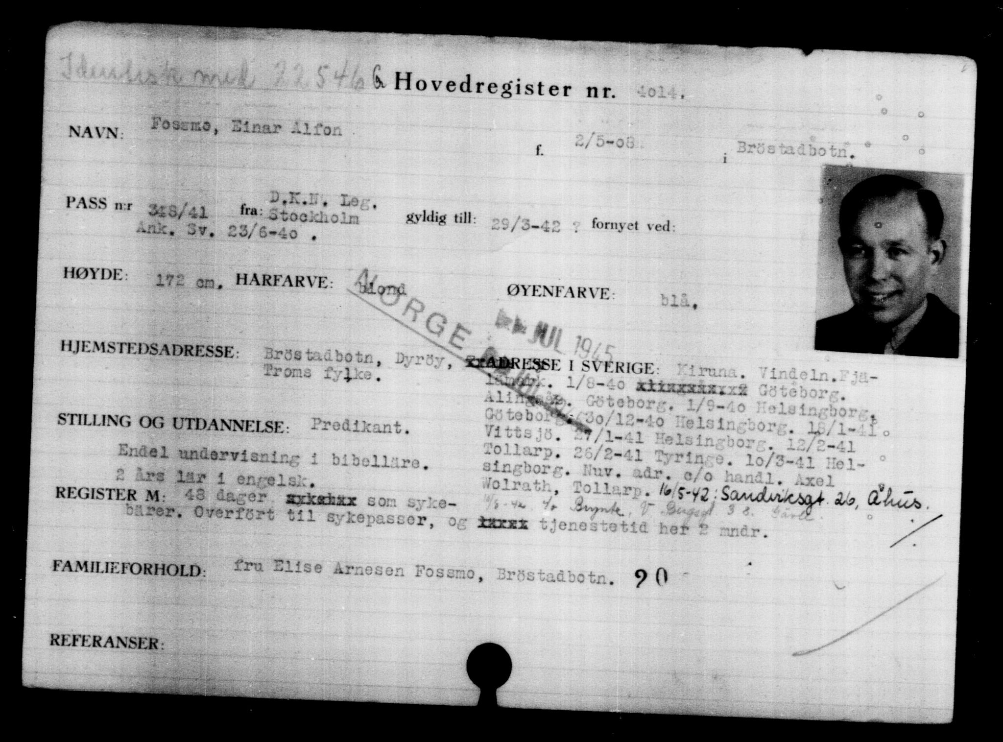 Utenriksstasjonene, Legasjonen i Stockholm, Flyktningkontoret, AV/RA-S-6753/V/Va/L0004: Kjesäterkartoteket, flyktninger med registreringsnr. 3496-6610, 1940-1945, p. 602
