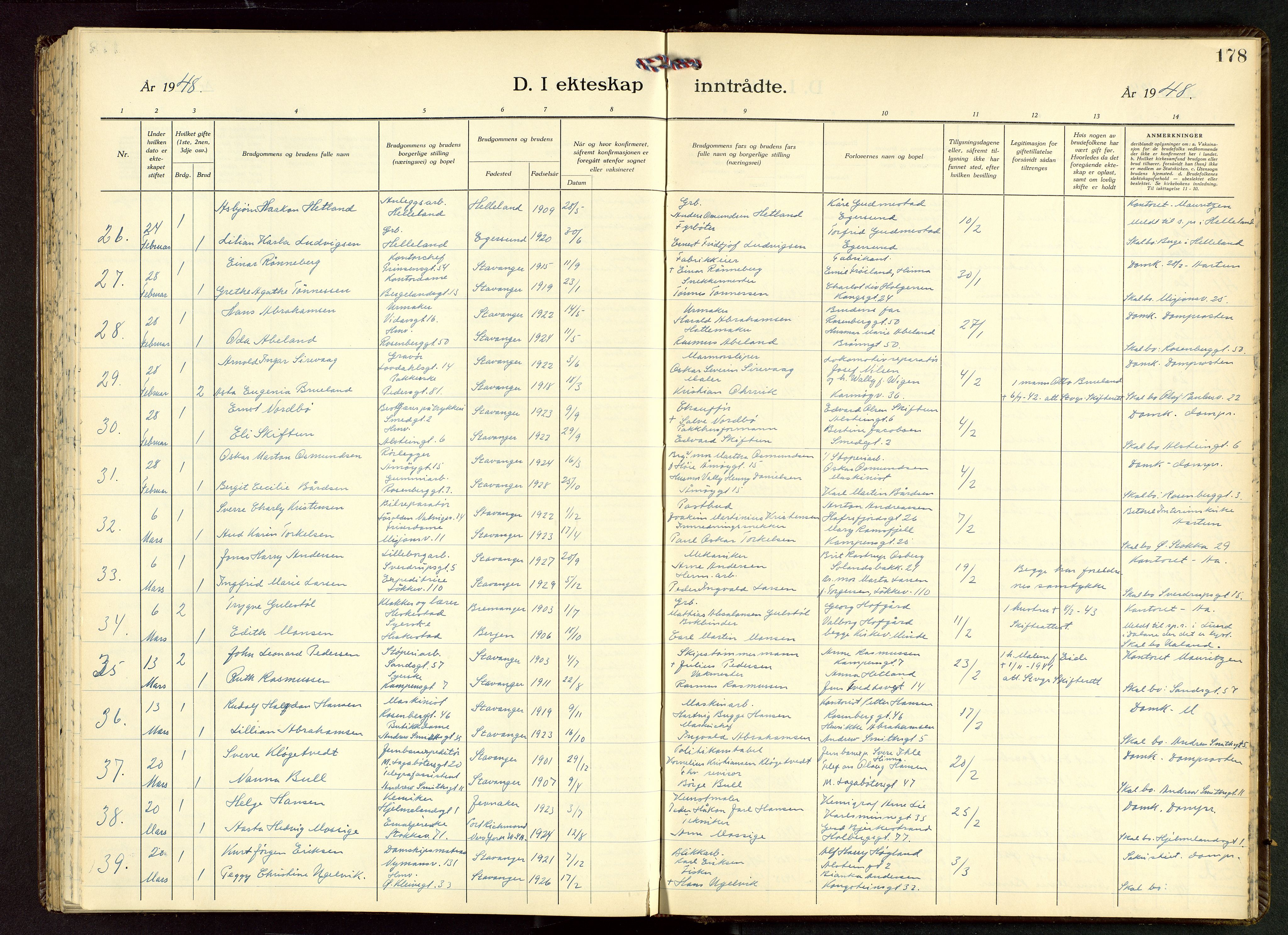 Domkirken sokneprestkontor, AV/SAST-A-101812/001/30/30BB/L0022: Parish register (copy) no. B 22, 1937-1949, p. 178