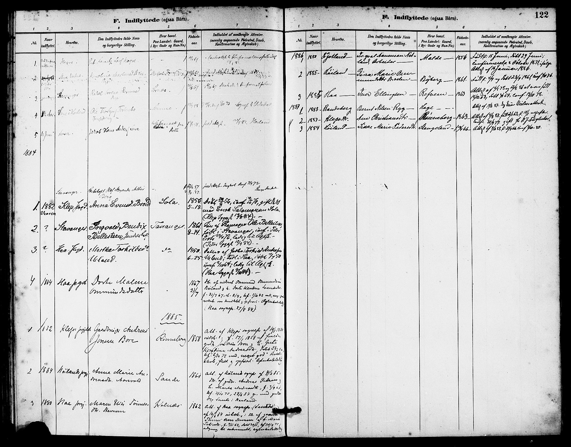 Håland sokneprestkontor, SAST/A-101802/001/30BA/L0010: Parish register (official) no. A 9, 1883-1888, p. 122