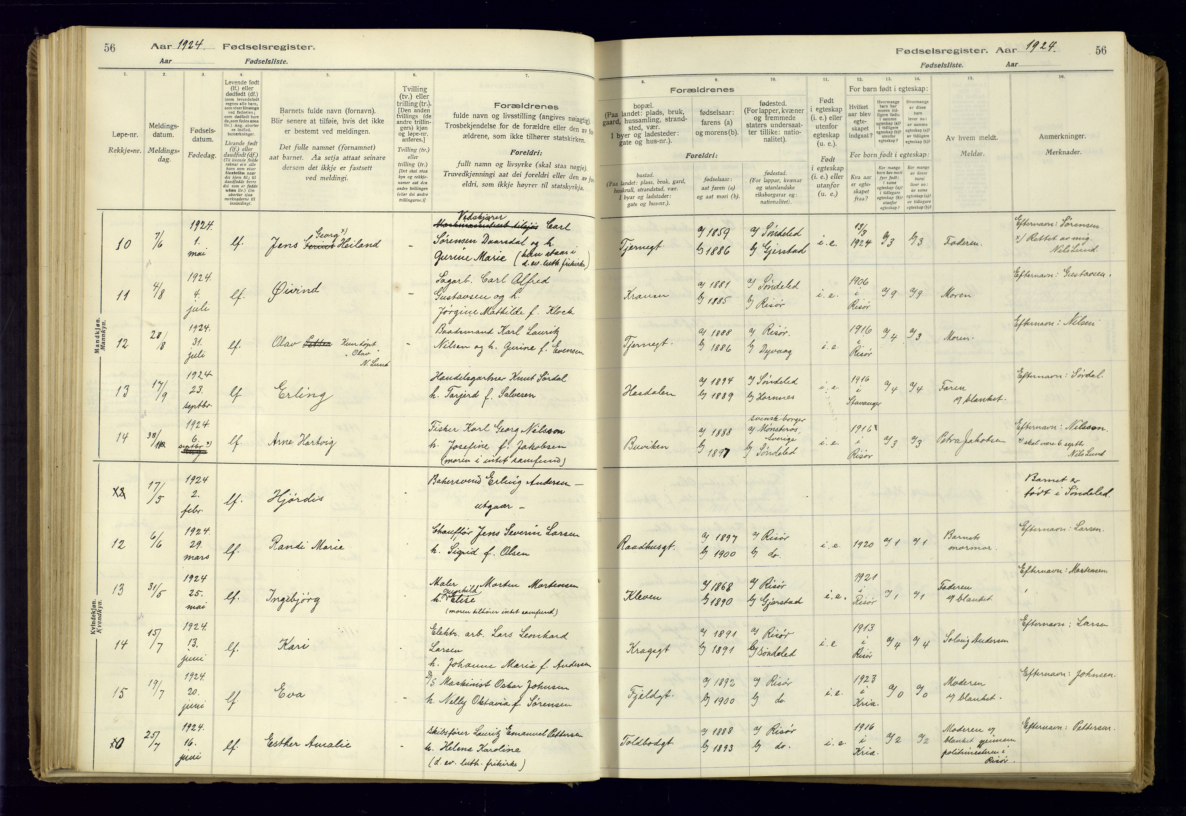 Risør sokneprestkontor, SAK/1111-0035/J/Ja/L0001: Birth register no. A-VI-13, 1916-1947, p. 56