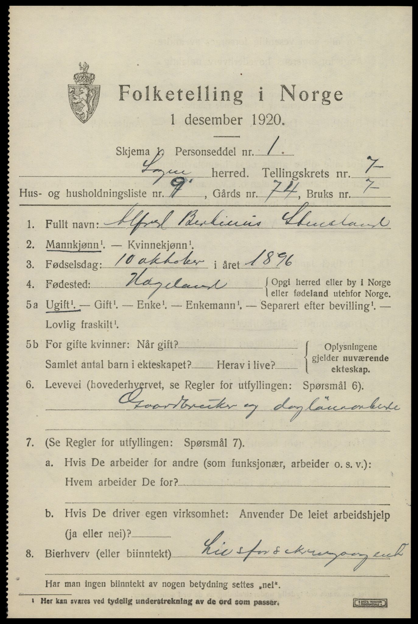 SAK, 1920 census for Søgne, 1920, p. 3557