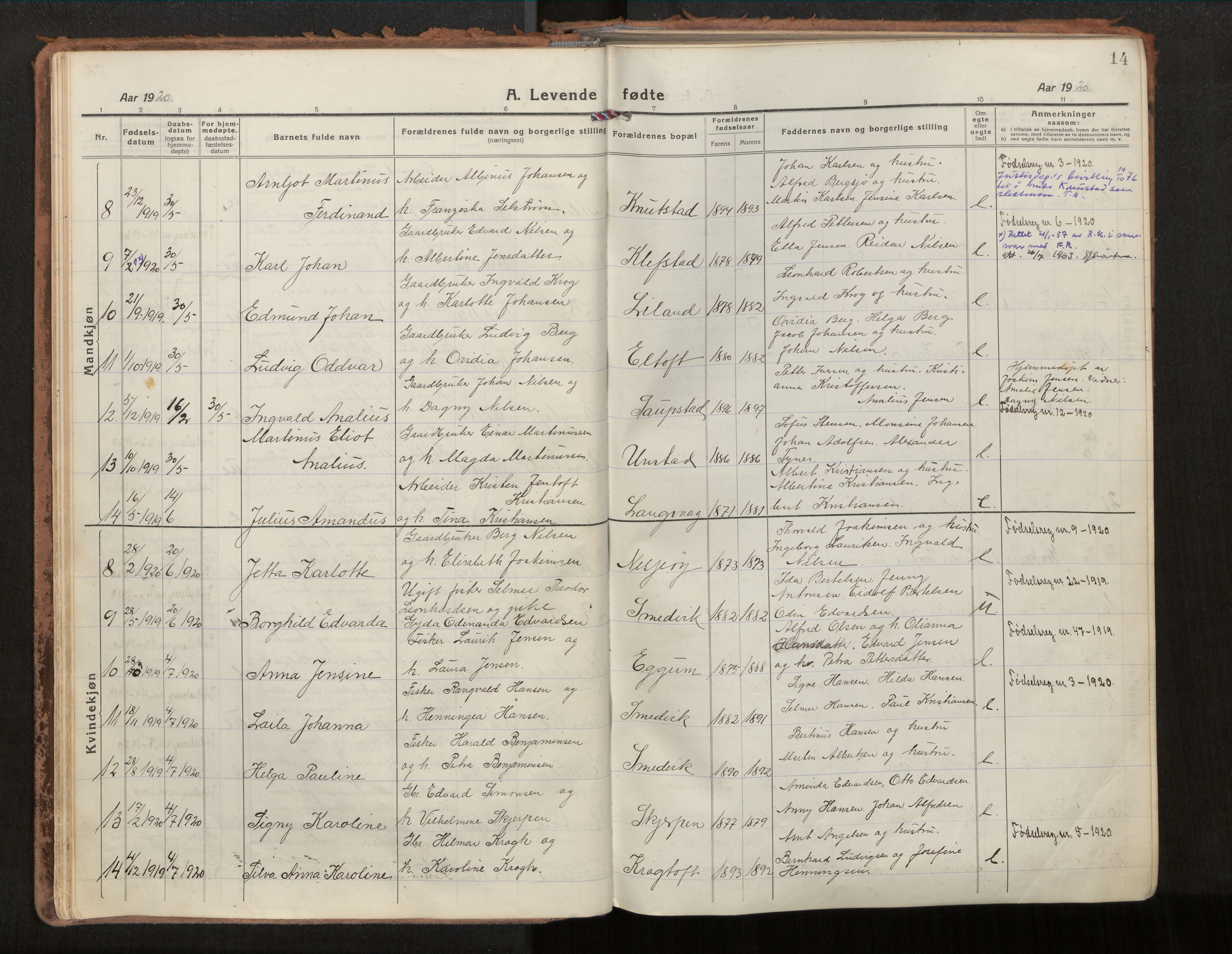 Ministerialprotokoller, klokkerbøker og fødselsregistre - Nordland, SAT/A-1459/880/L1136: Parish register (official) no. 880A10, 1919-1927, p. 14