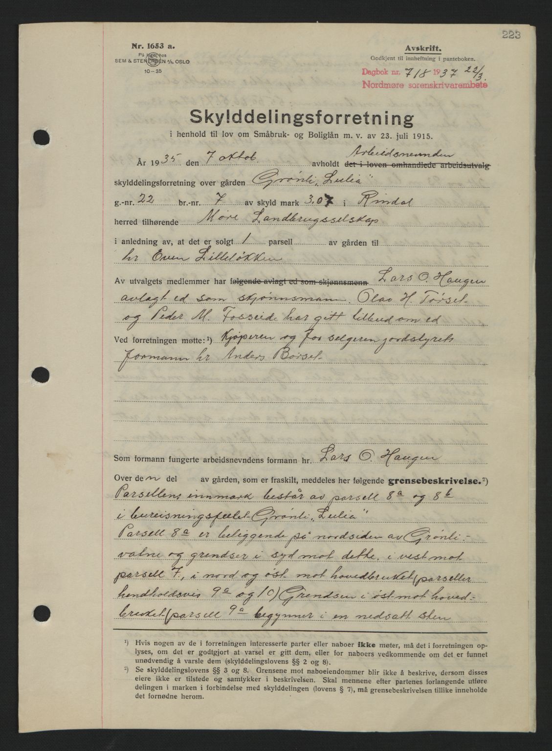 Nordmøre sorenskriveri, AV/SAT-A-4132/1/2/2Ca: Mortgage book no. A81, 1937-1937, Diary no: : 718/1937