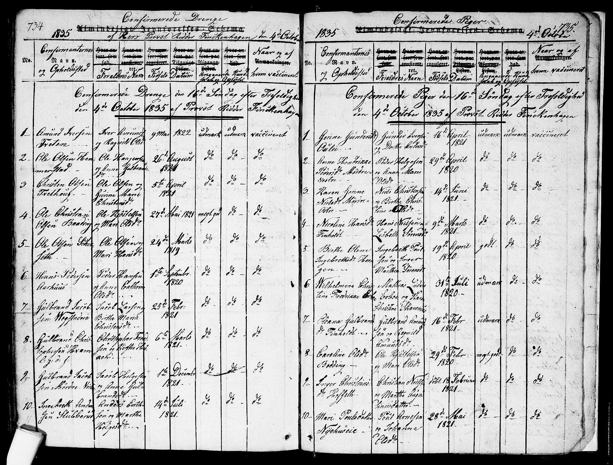 Nes prestekontor Kirkebøker, AV/SAO-A-10410/F/Fa/L0005: Parish register (official) no. I 5, 1815-1835, p. 734-735