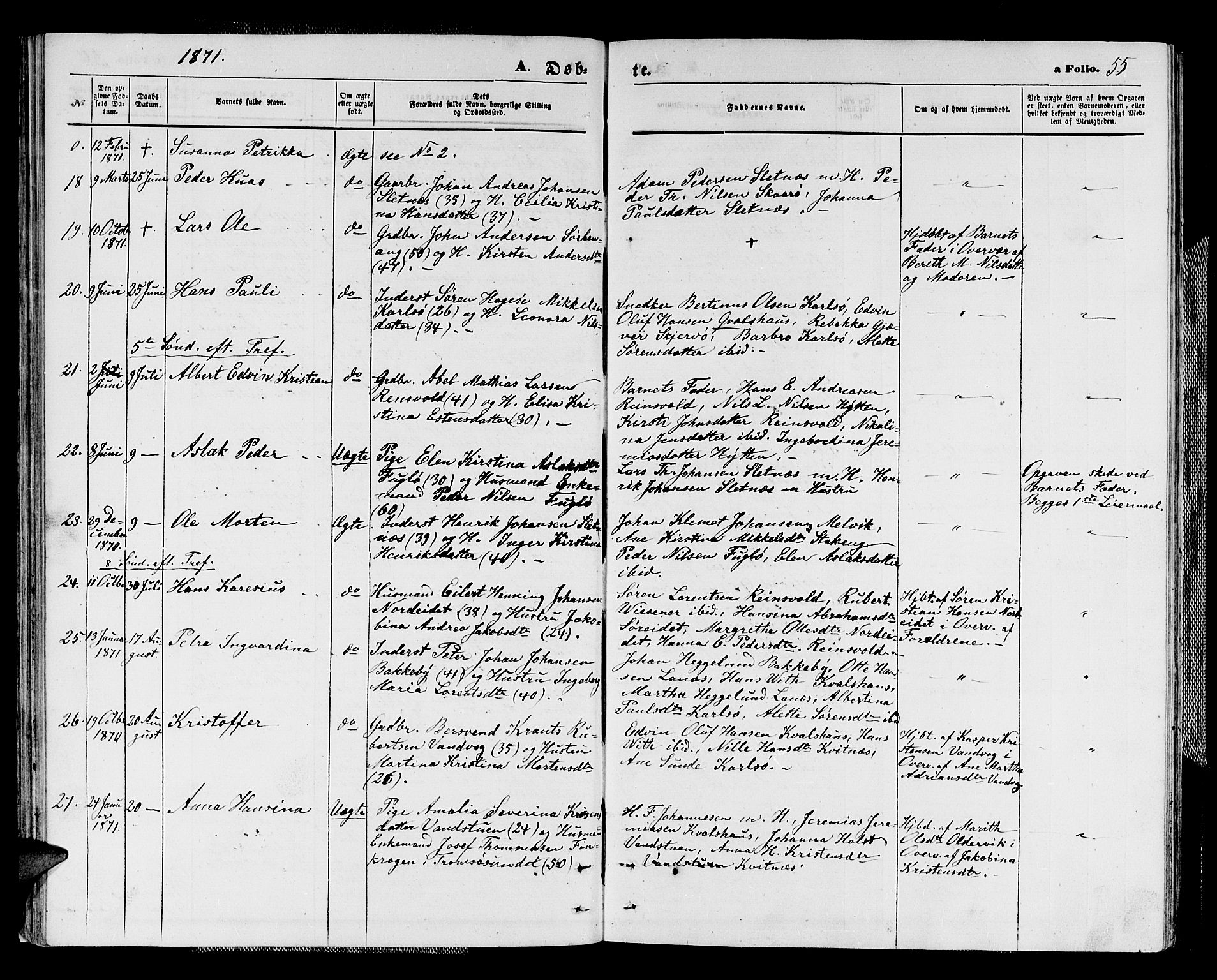 Karlsøy sokneprestembete, AV/SATØ-S-1299/H/Ha/Hab/L0003klokker: Parish register (copy) no. 3, 1862-1877, p. 55