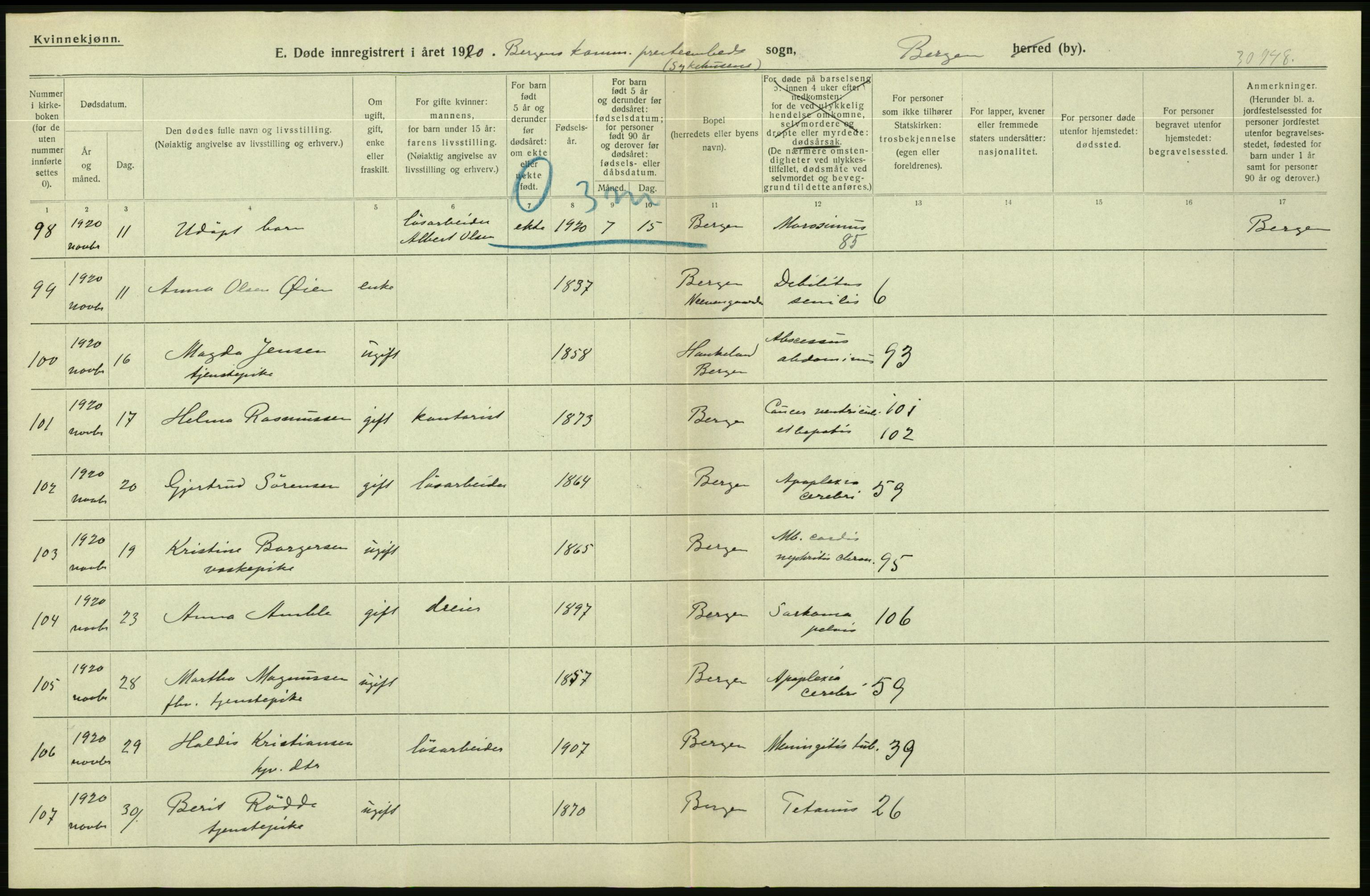 Statistisk sentralbyrå, Sosiodemografiske emner, Befolkning, AV/RA-S-2228/D/Df/Dfb/Dfbj/L0042: Bergen: Gifte, døde, dødfødte., 1920, p. 352