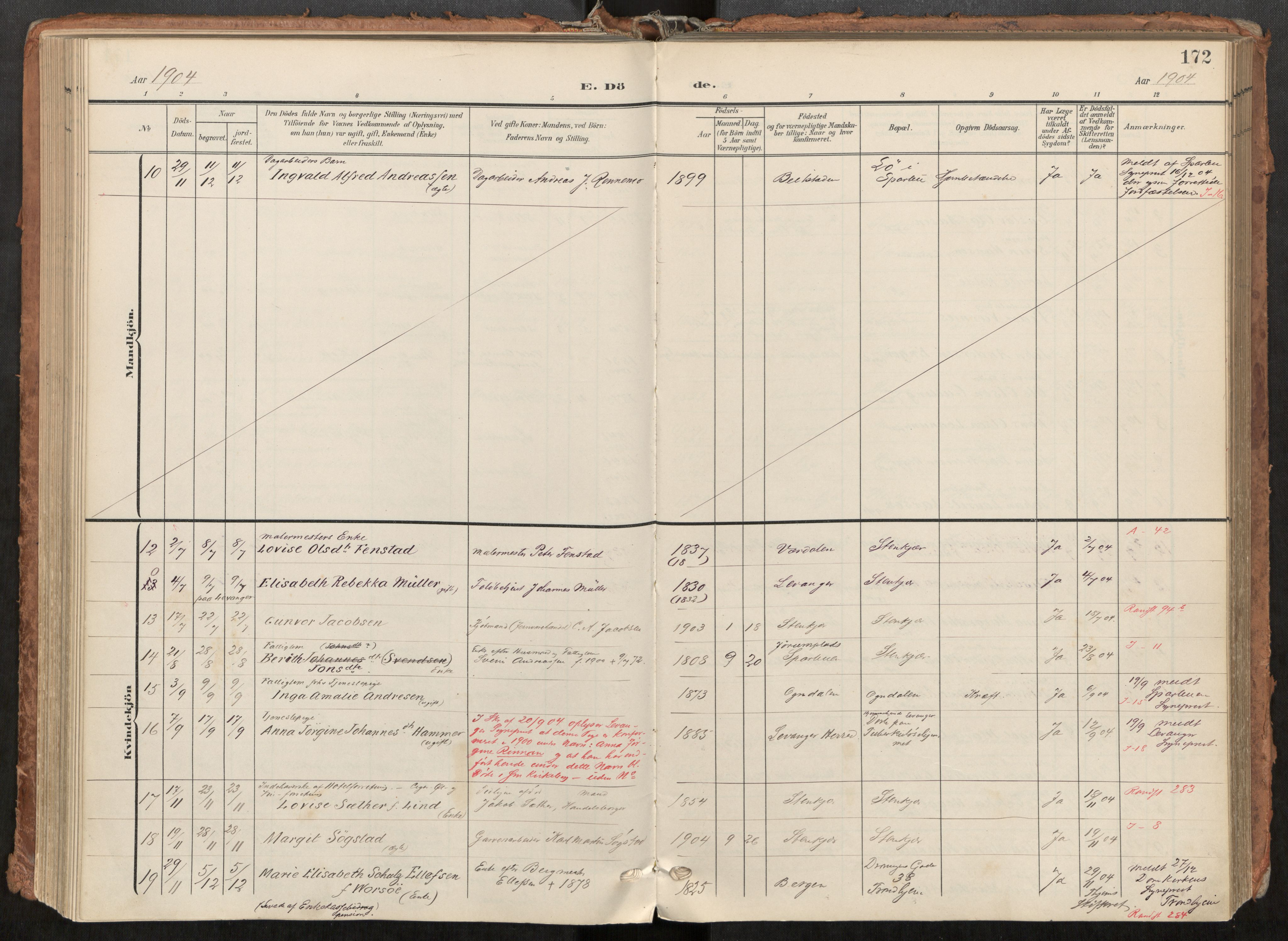 Steinkjer sokneprestkontor, AV/SAT-A-1541/01/H/Ha/Haa/L0001: Parish register (official) no. 1, 1904-1912, p. 172