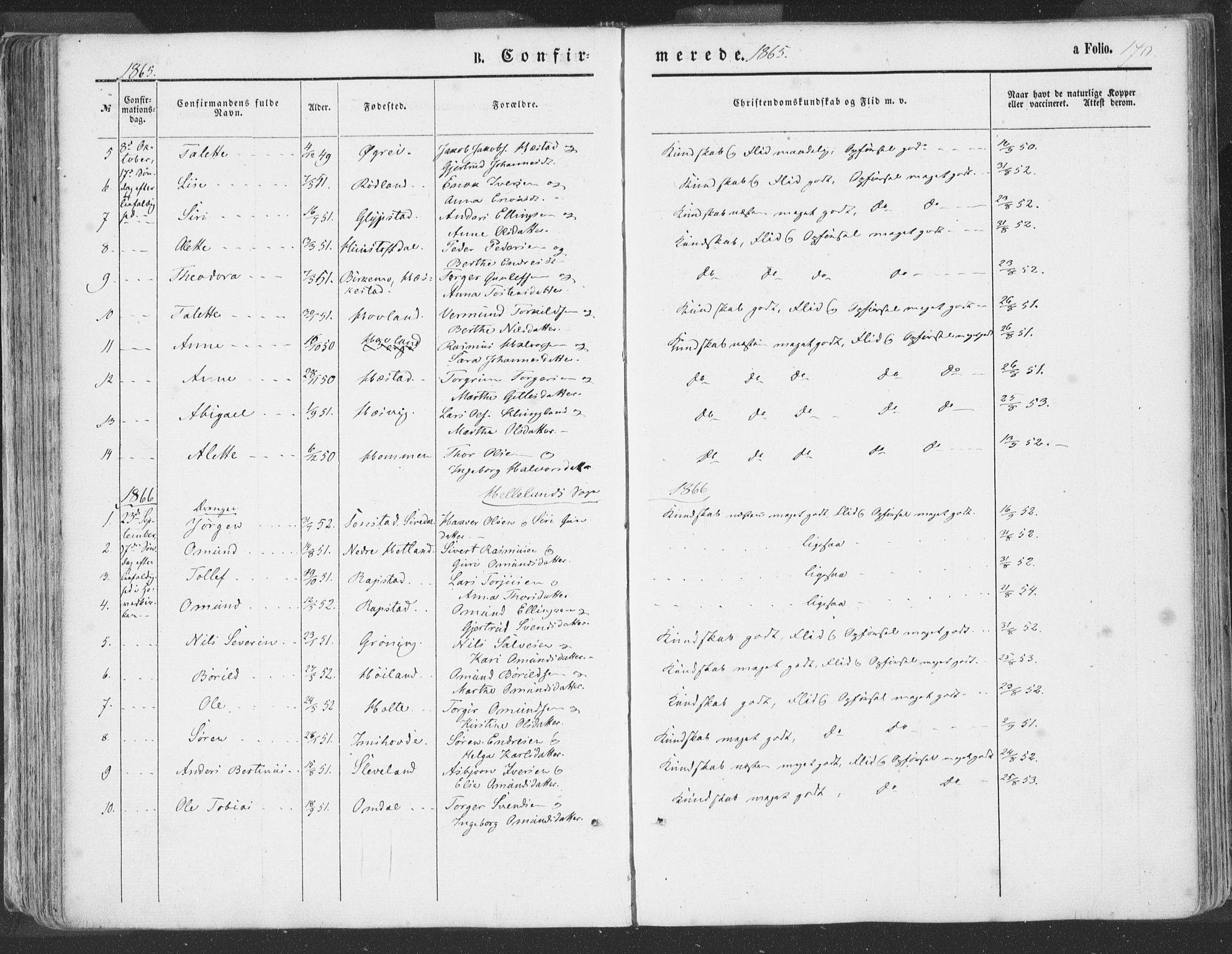 Helleland sokneprestkontor, AV/SAST-A-101810: Parish register (official) no. A 7.1, 1863-1886, p. 170