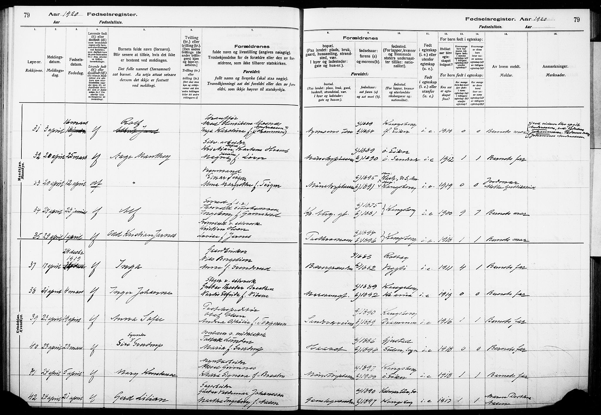 Kongsberg kirkebøker, AV/SAKO-A-22/J/Ja/L0001: Birth register no. I 1, 1916-1927, p. 79