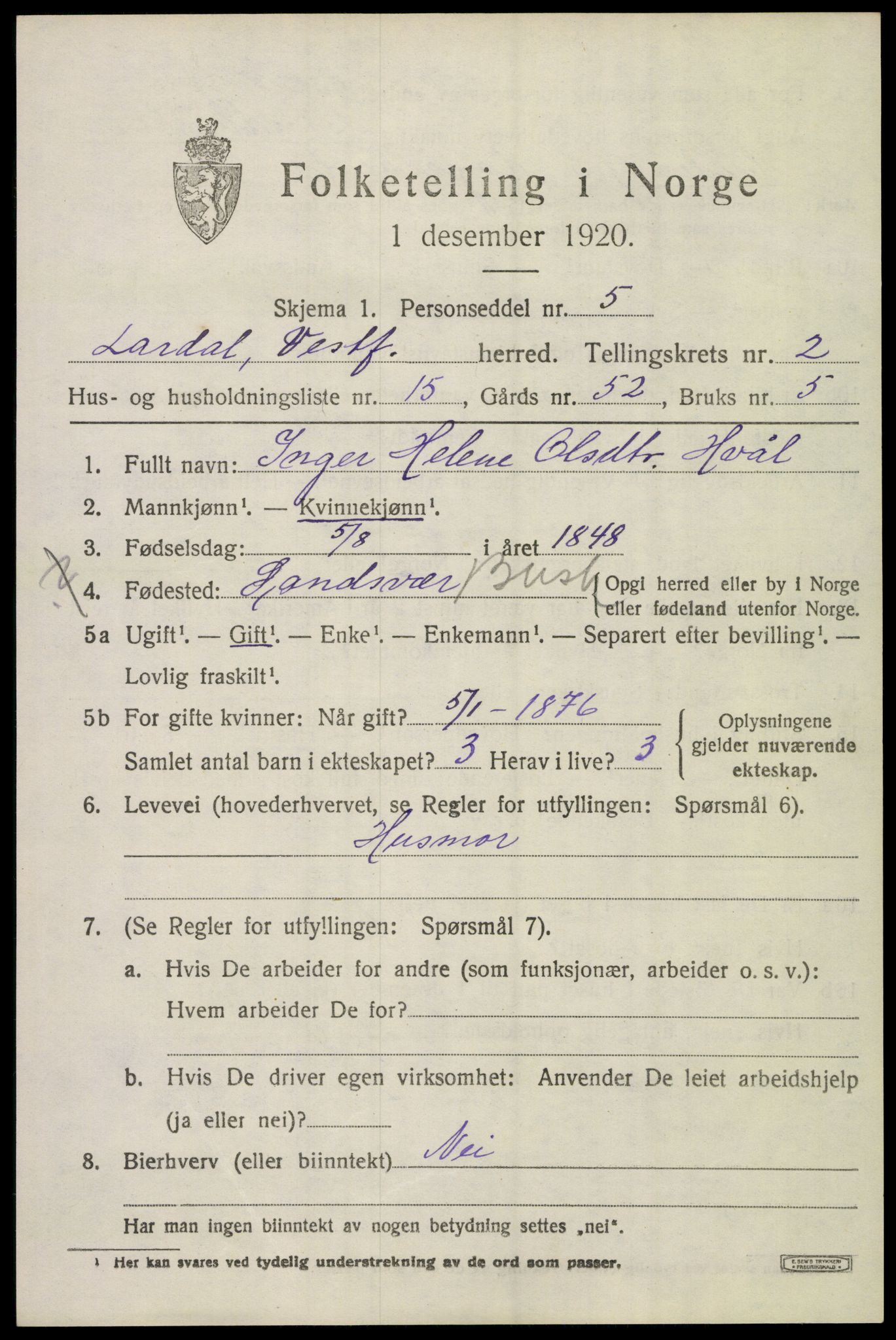 SAKO, 1920 census for Lardal, 1920, p. 2157