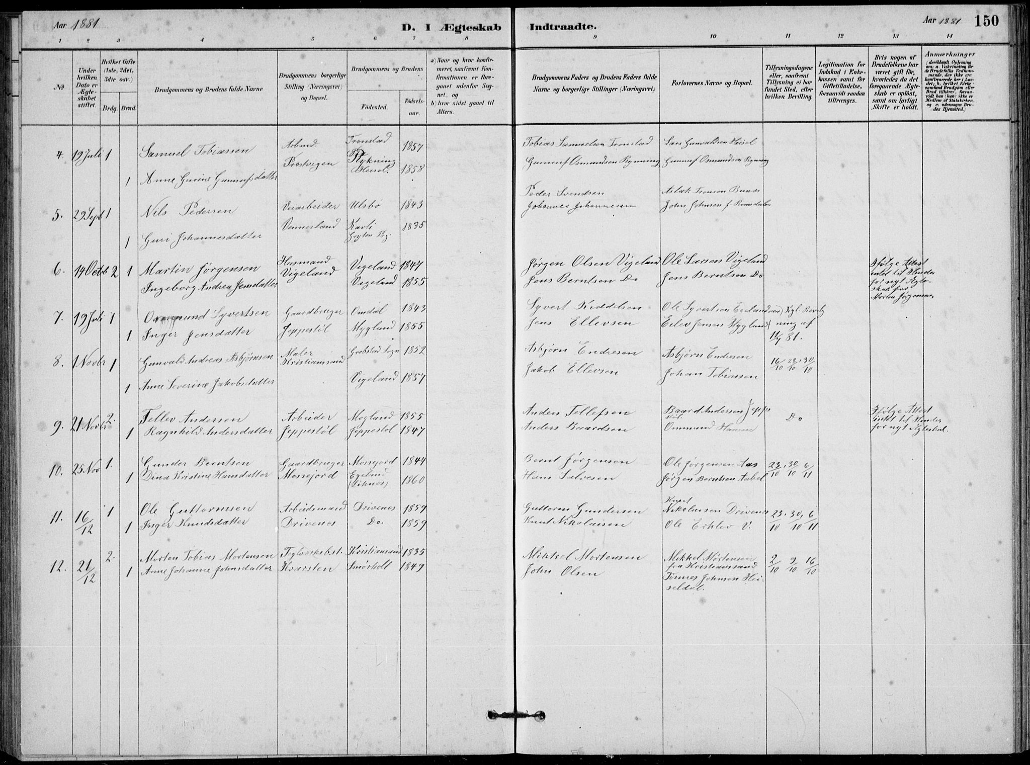 Vennesla sokneprestkontor, SAK/1111-0045/Fb/Fbb/L0003: Parish register (copy) no. B 3, 1879-1893, p. 150
