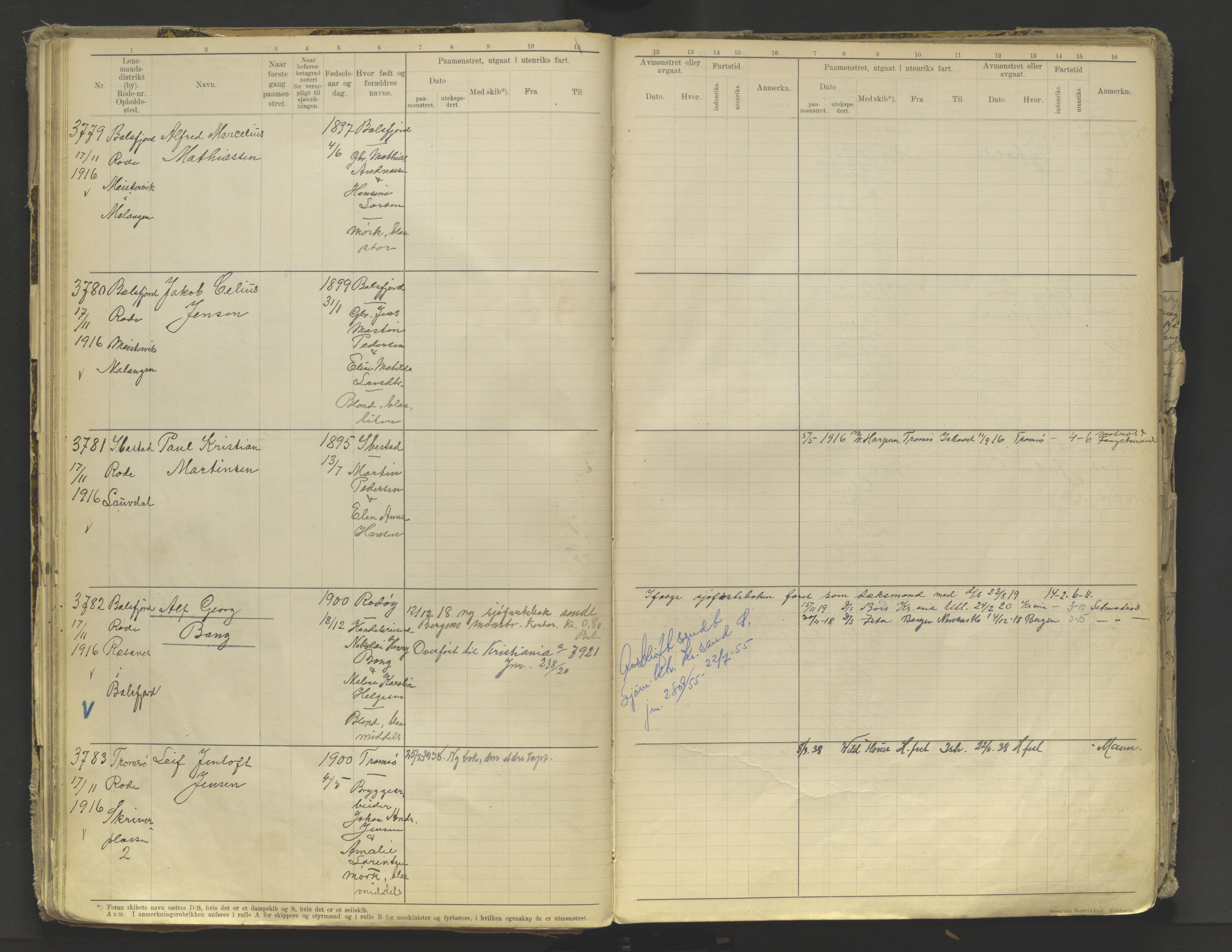 Tromsø sjømannskontor/innrullerings-/mønstringsdistrikt, AV/SATØ-S-0243/F/Fb/L0010: Annotasjonsrulle. Defekt: løs innbinding. Nr. 3519-4972, 1916-1920