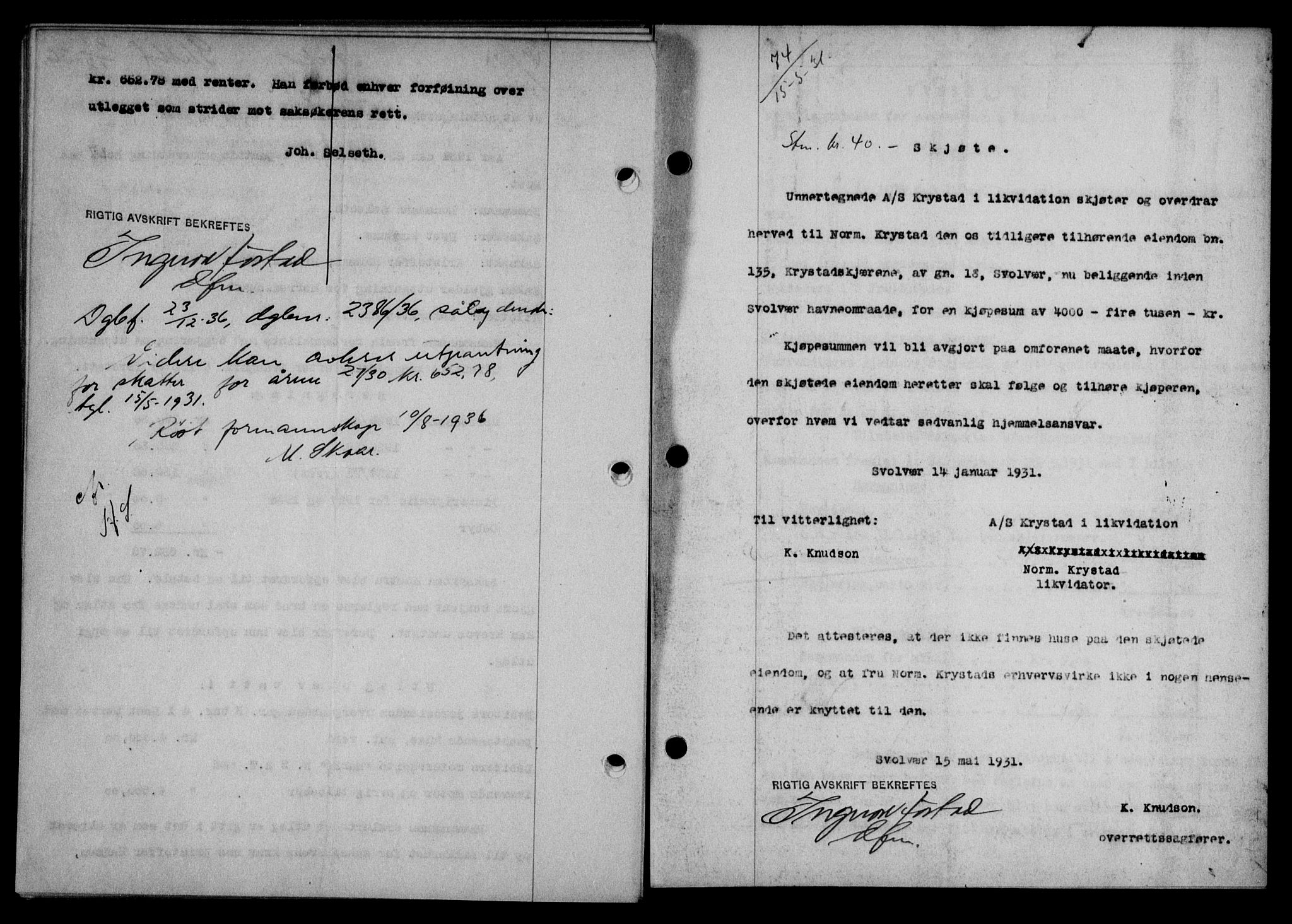 Lofoten sorenskriveri, SAT/A-0017/1/2/2C/L0023b: Mortgage book no. 23b, 1931-1931, Deed date: 15.05.1931