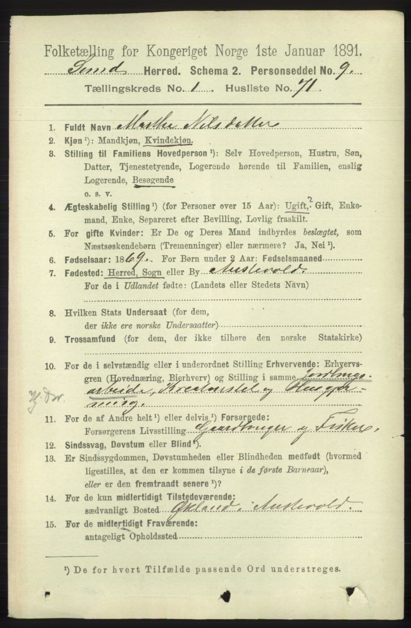 RA, 1891 census for 1245 Sund, 1891, p. 506
