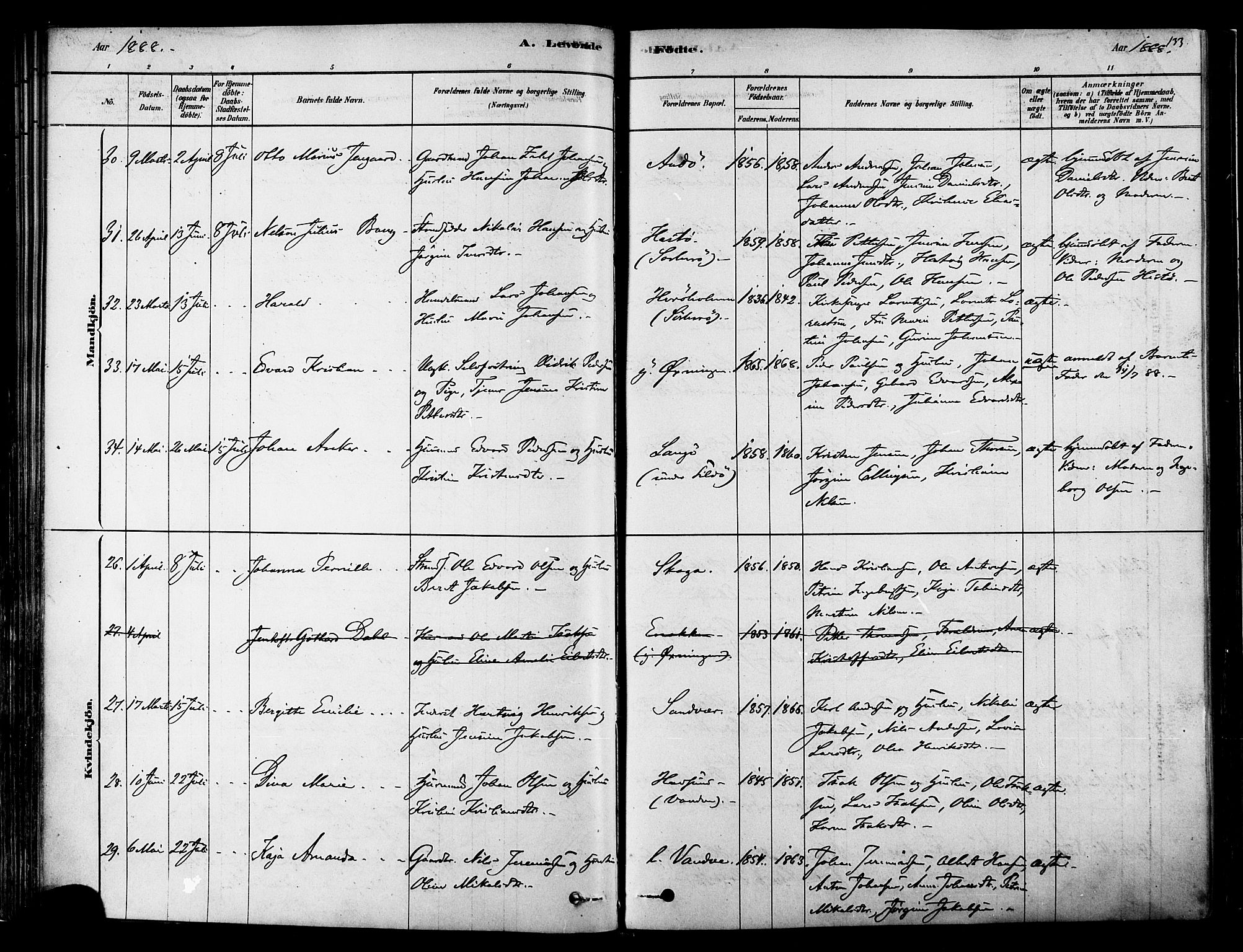 Ministerialprotokoller, klokkerbøker og fødselsregistre - Nordland, SAT/A-1459/834/L0507: Parish register (official) no. 834A05, 1878-1892, p. 133