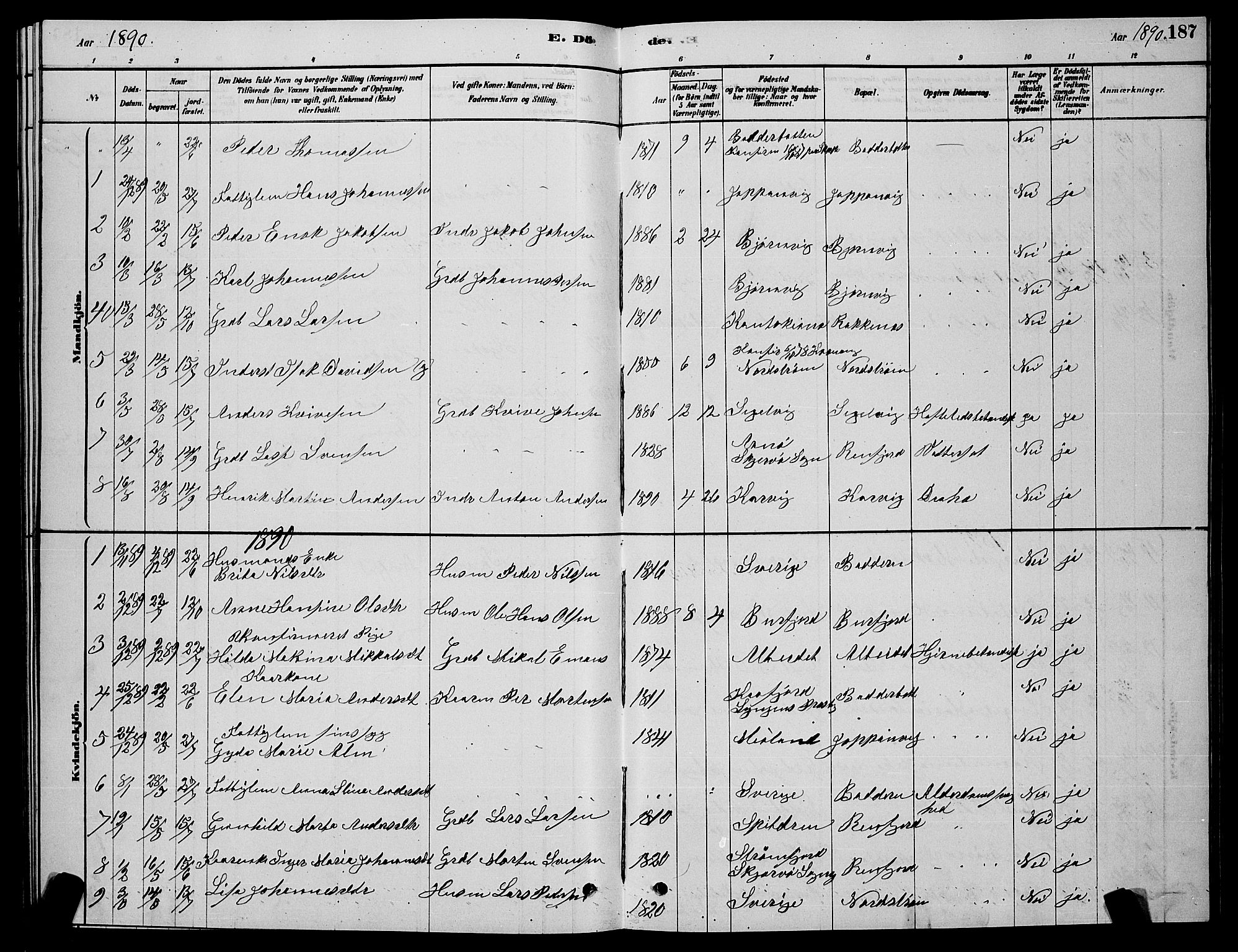 Skjervøy sokneprestkontor, SATØ/S-1300/H/Ha/Hab/L0015klokker: Parish register (copy) no. 15, 1878-1890, p. 187