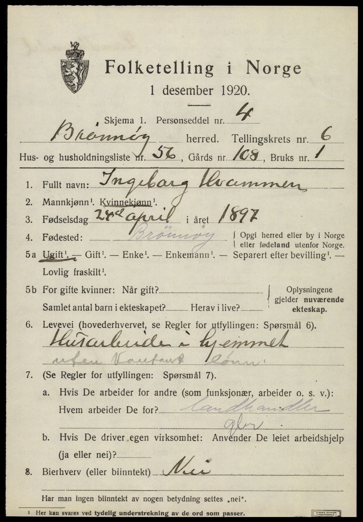 SAT, 1920 census for Brønnøy, 1920, p. 5036