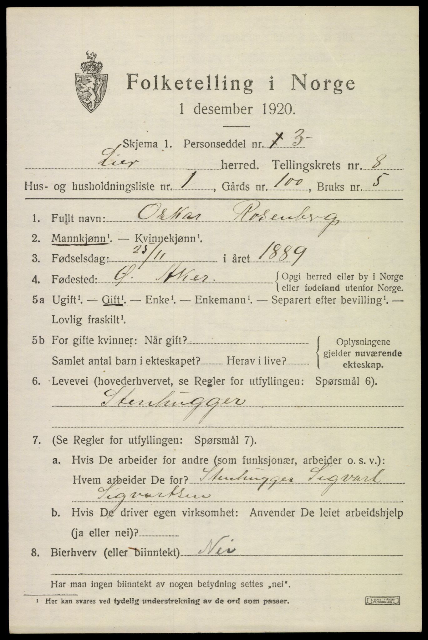 SAKO, 1920 census for Lier, 1920, p. 13706