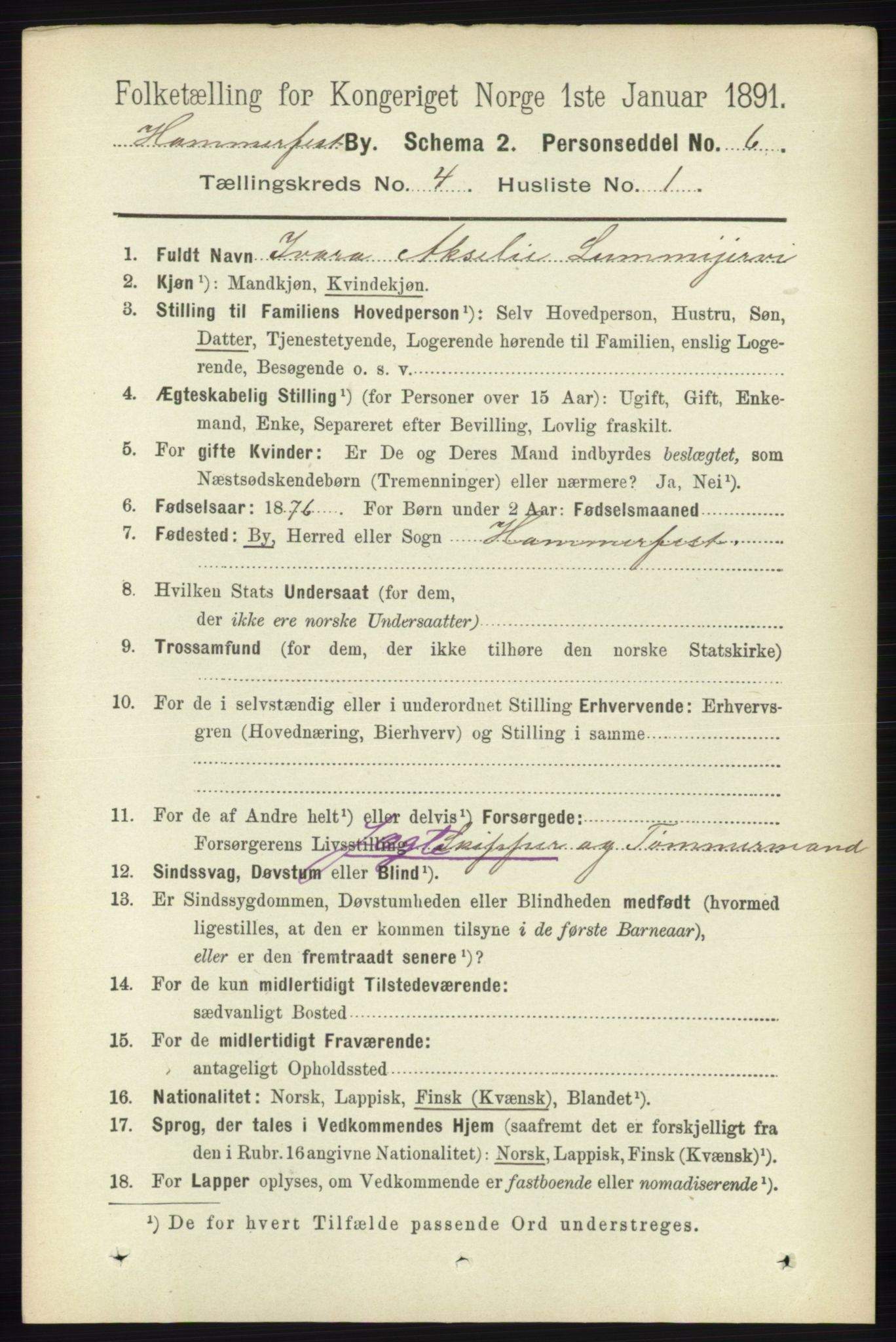 RA, 1891 census for 2001 Hammerfest, 1891, p. 911