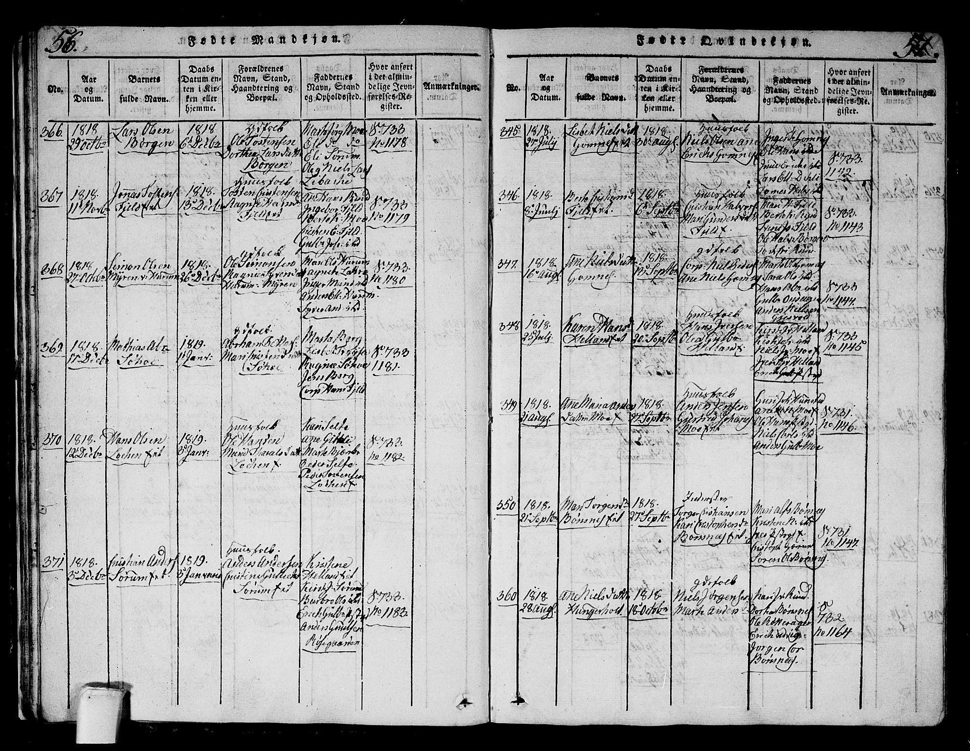 Hole kirkebøker, AV/SAKO-A-228/G/Ga/L0001: Parish register (copy) no. I 1, 1814-1842, p. 56-57