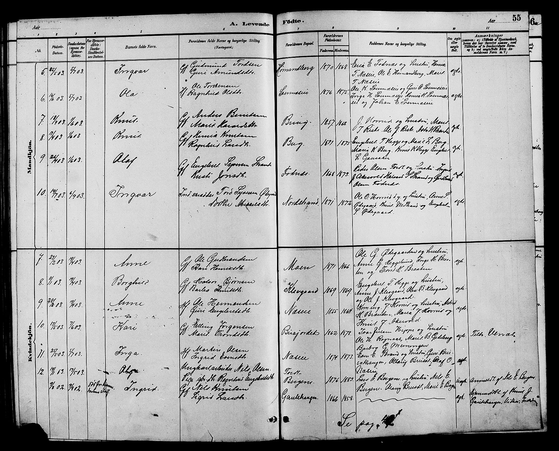 Nord-Aurdal prestekontor, SAH/PREST-132/H/Ha/Hab/L0007: Parish register (copy) no. 7, 1883-1910, p. 55