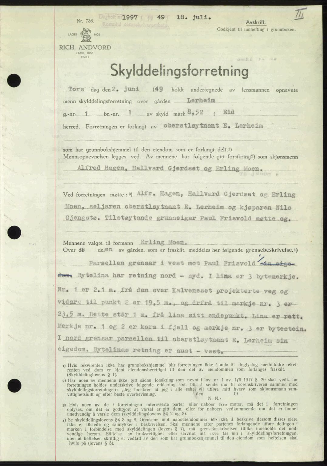 Romsdal sorenskriveri, AV/SAT-A-4149/1/2/2C: Mortgage book no. A30, 1949-1949, Diary no: : 1997/1949