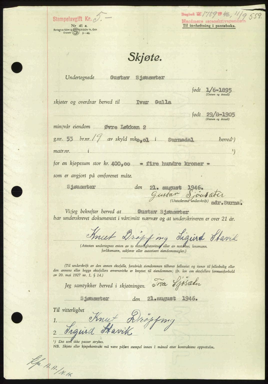 Nordmøre sorenskriveri, AV/SAT-A-4132/1/2/2Ca: Mortgage book no. A102, 1946-1946, Diary no: : 1789/1946