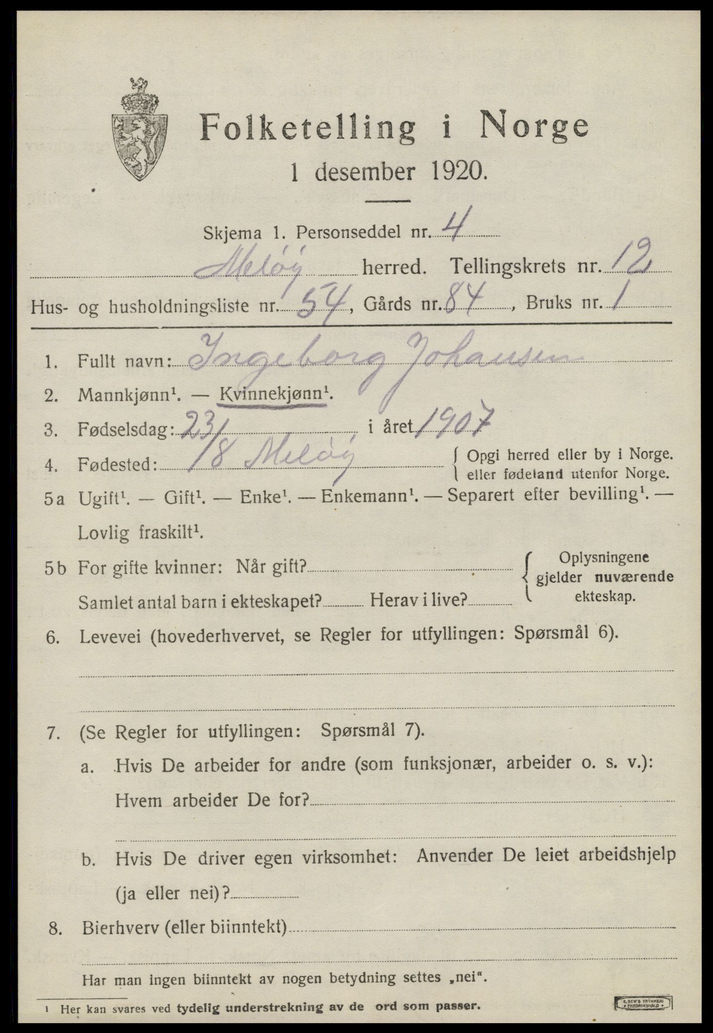 SAT, 1920 census for Meløy, 1920, p. 8313