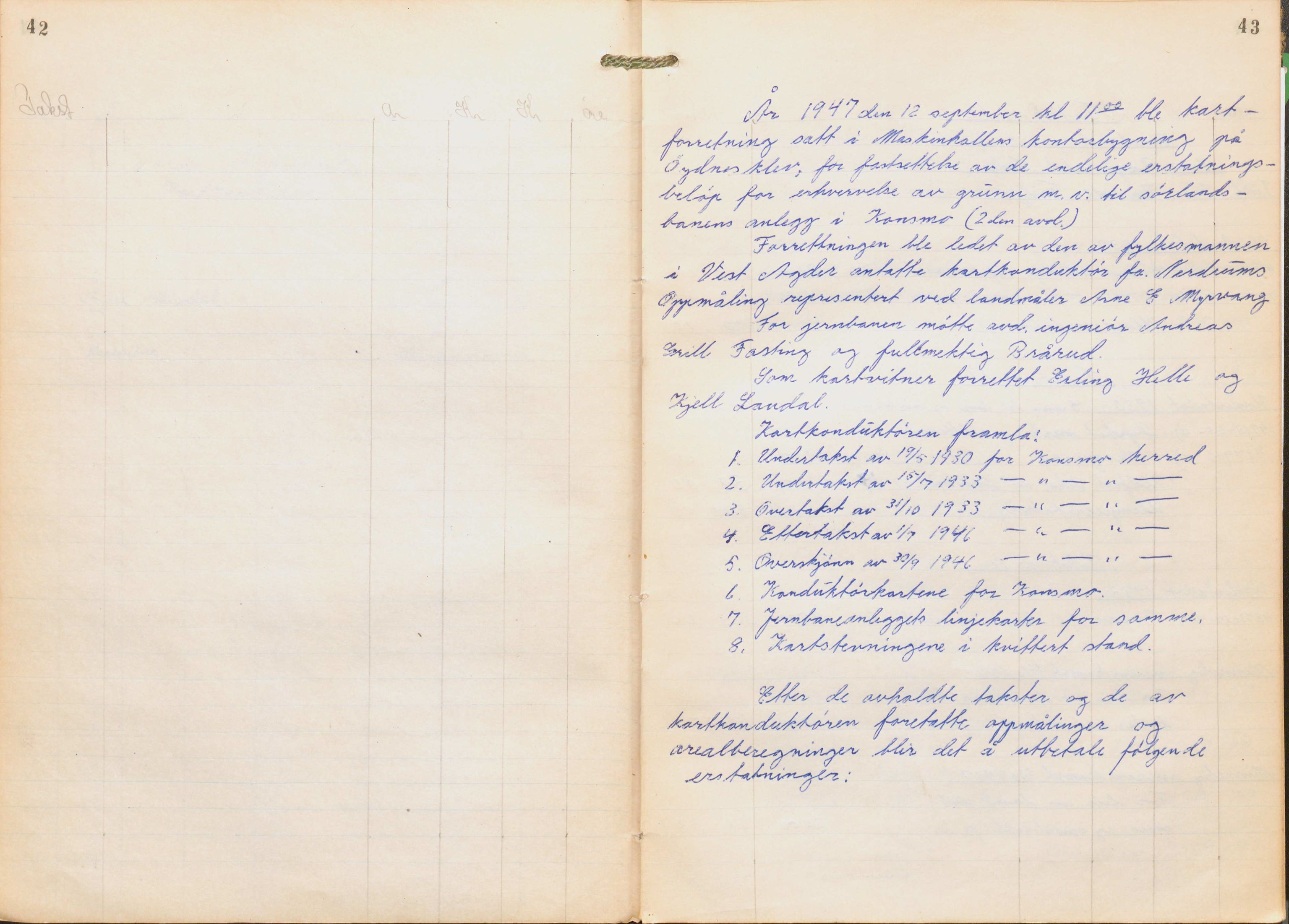 NSB Baneavdelingen, AV/SAK-1821-0004/F/Fc/Fch/L0256/0003: Grunnerstatninger, målebrev / Kartkonduktørprotokoll for Kristiansand - Moi, 1. og 2. avd., 1947, p. 42-43