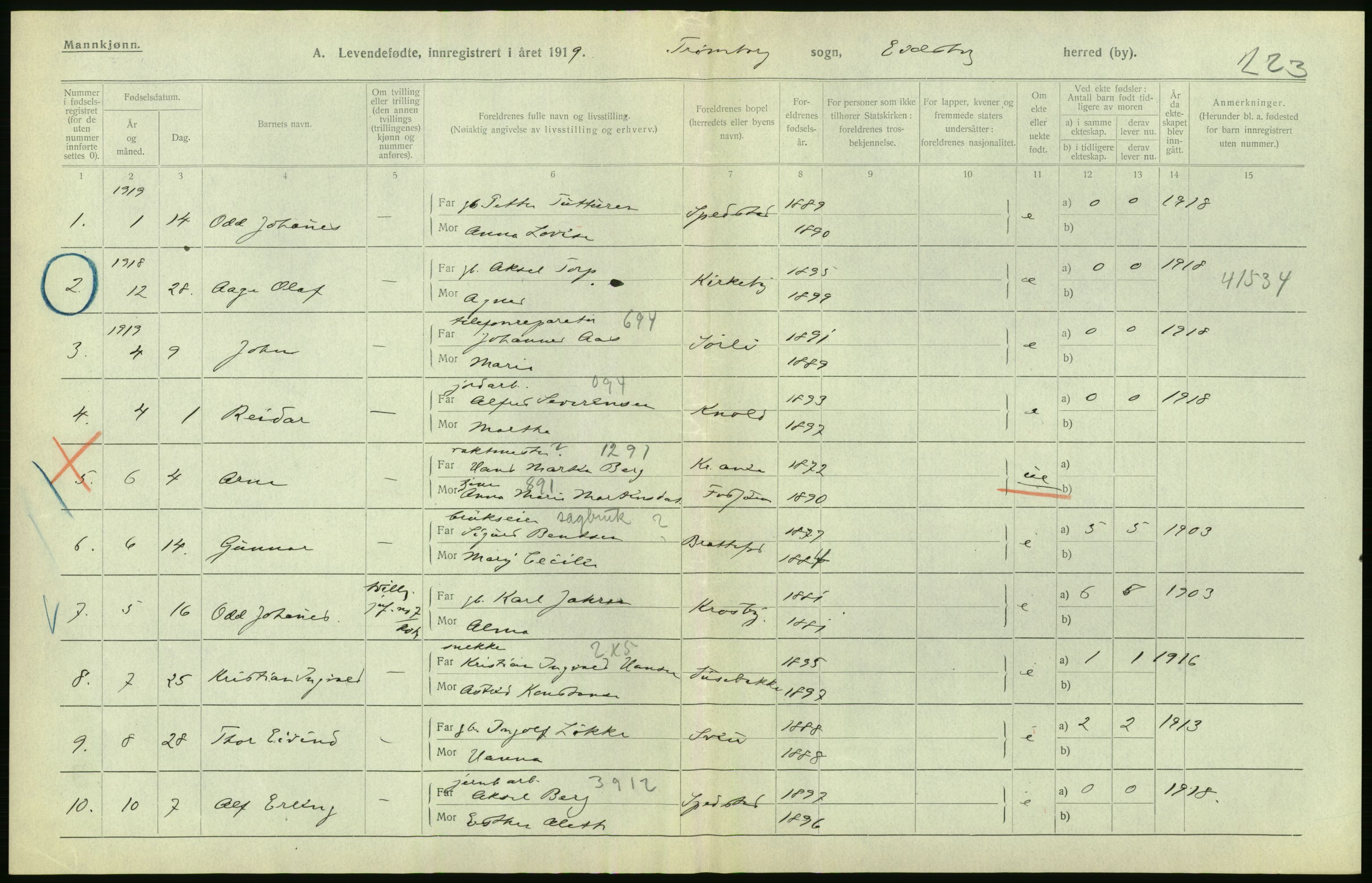 Statistisk sentralbyrå, Sosiodemografiske emner, Befolkning, RA/S-2228/D/Df/Dfb/Dfbi/L0001: Østfold fylke: Levendefødte menn og kvinner. Bygder., 1919, p. 564