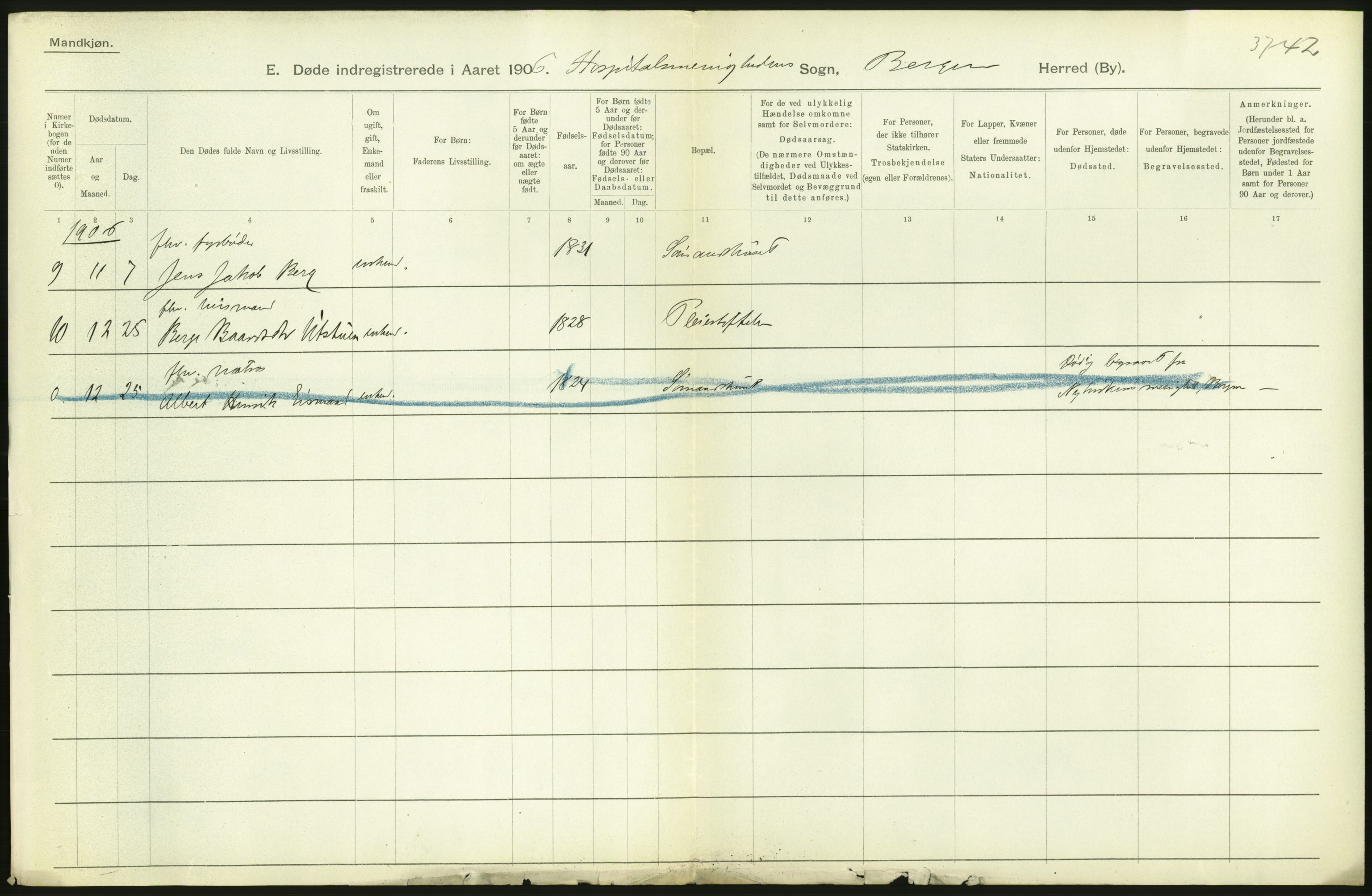 Statistisk sentralbyrå, Sosiodemografiske emner, Befolkning, RA/S-2228/D/Df/Dfa/Dfad/L0032: Bergen: Gifte, døde, dødfødte., 1906, p. 114