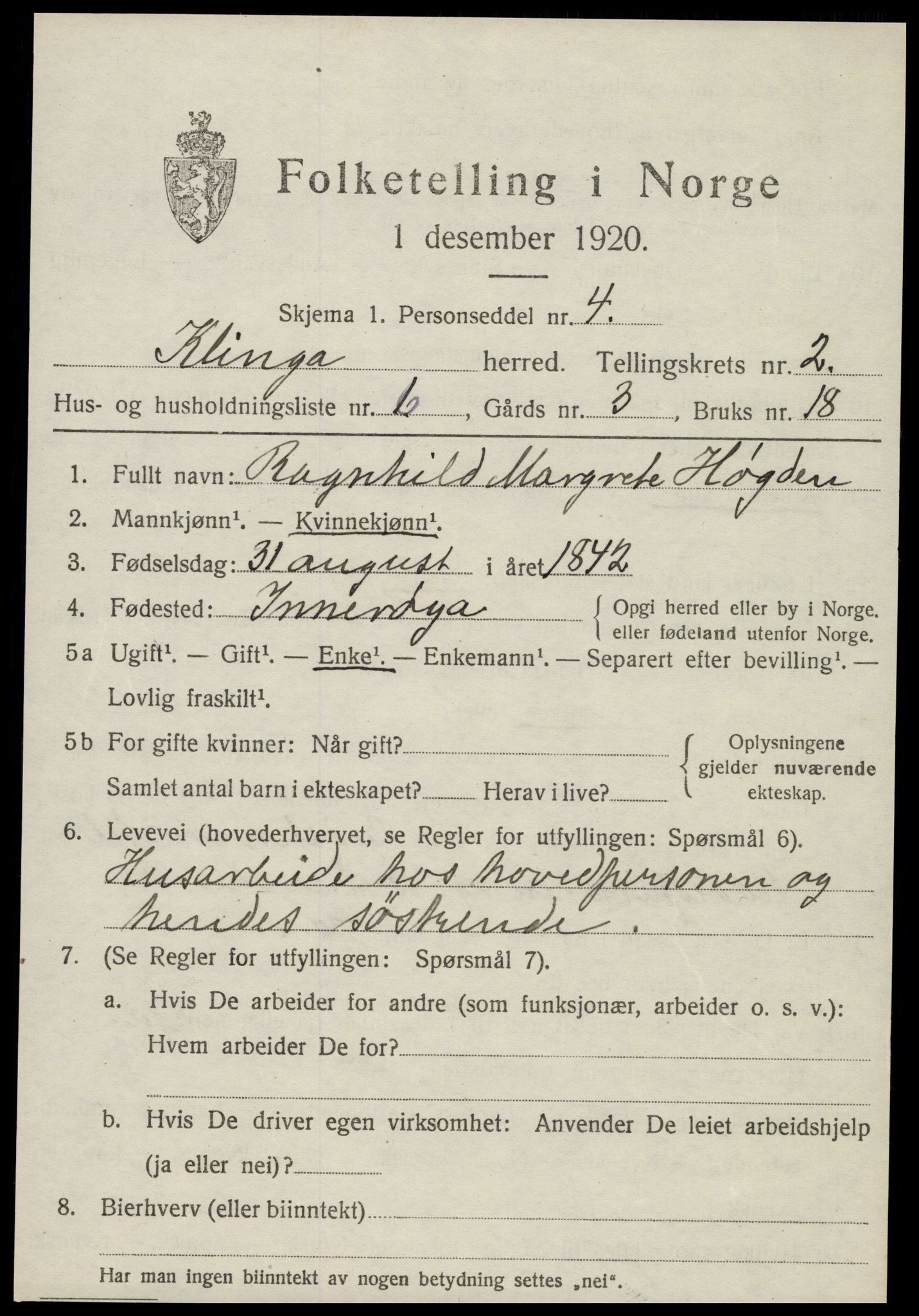 SAT, 1920 census for Klinga, 1920, p. 1461