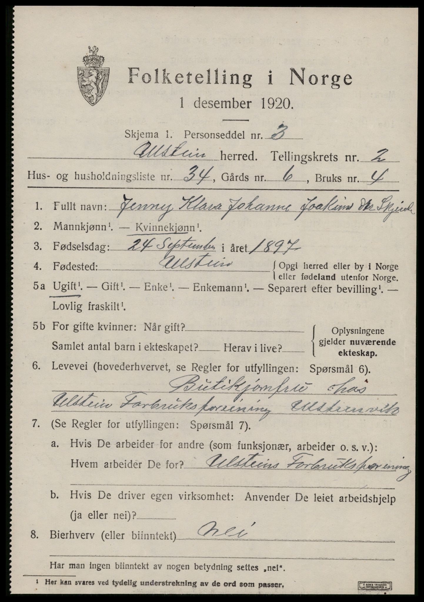 SAT, 1920 census for Ulstein, 1920, p. 1612