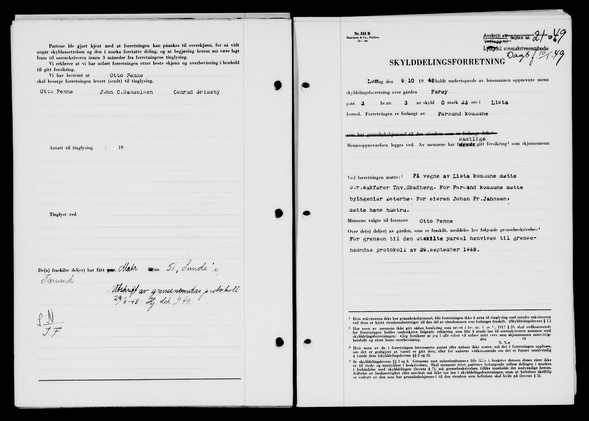 Lyngdal sorenskriveri, AV/SAK-1221-0004/G/Gb/L0663: Mortgage book no. A IX, 1948-1949, Diary no: : 21/1949