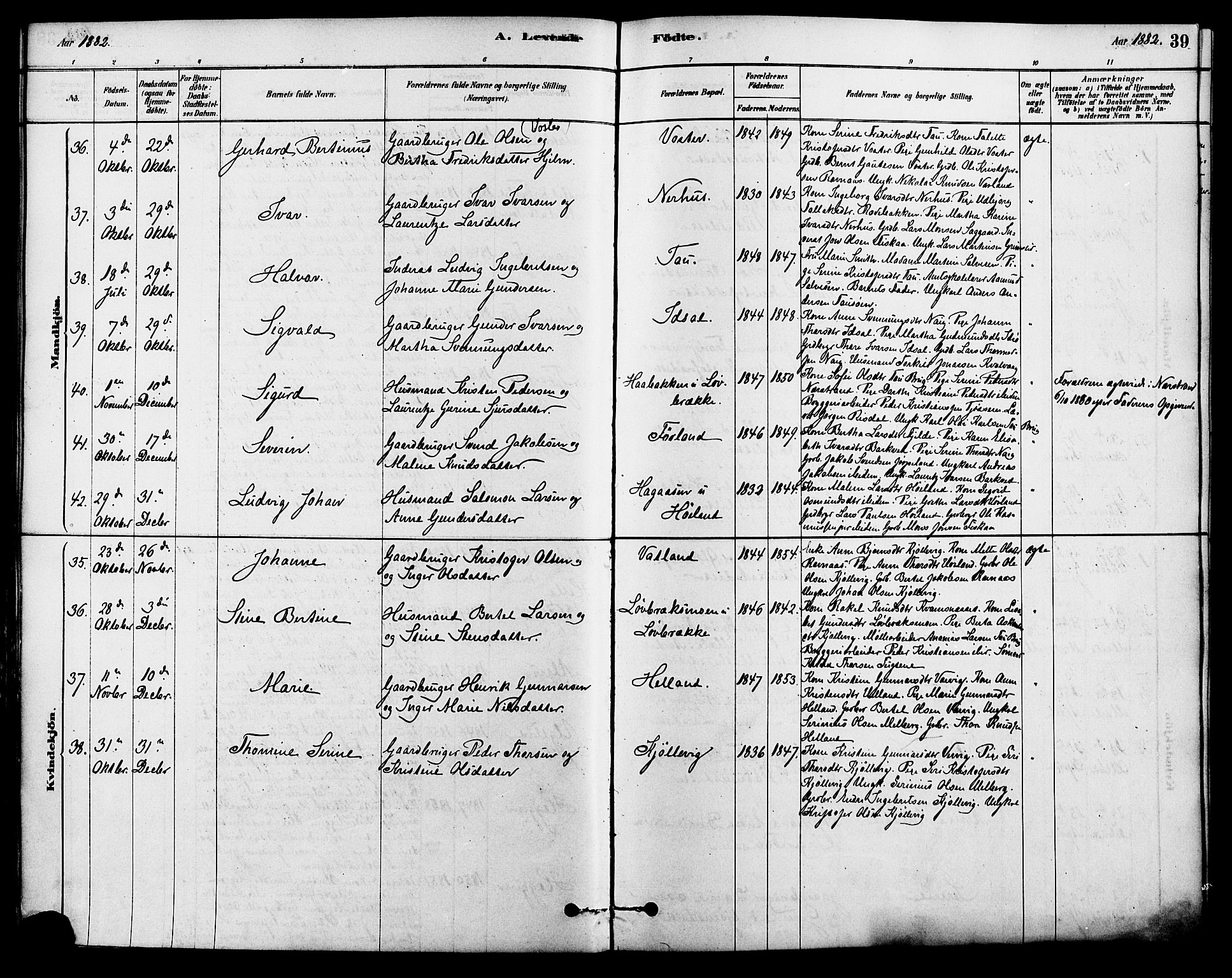 Strand sokneprestkontor, SAST/A-101828/H/Ha/Haa/L0009: Parish register (official) no. A 9, 1877-1908, p. 39