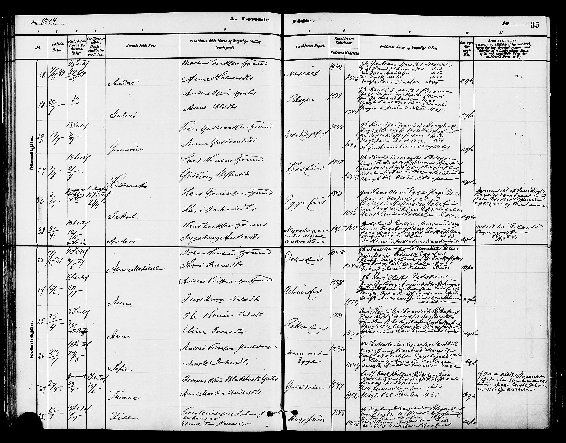 Gran prestekontor, AV/SAH-PREST-112/H/Ha/Haa/L0015: Parish register (official) no. 15, 1880-1888, p. 35