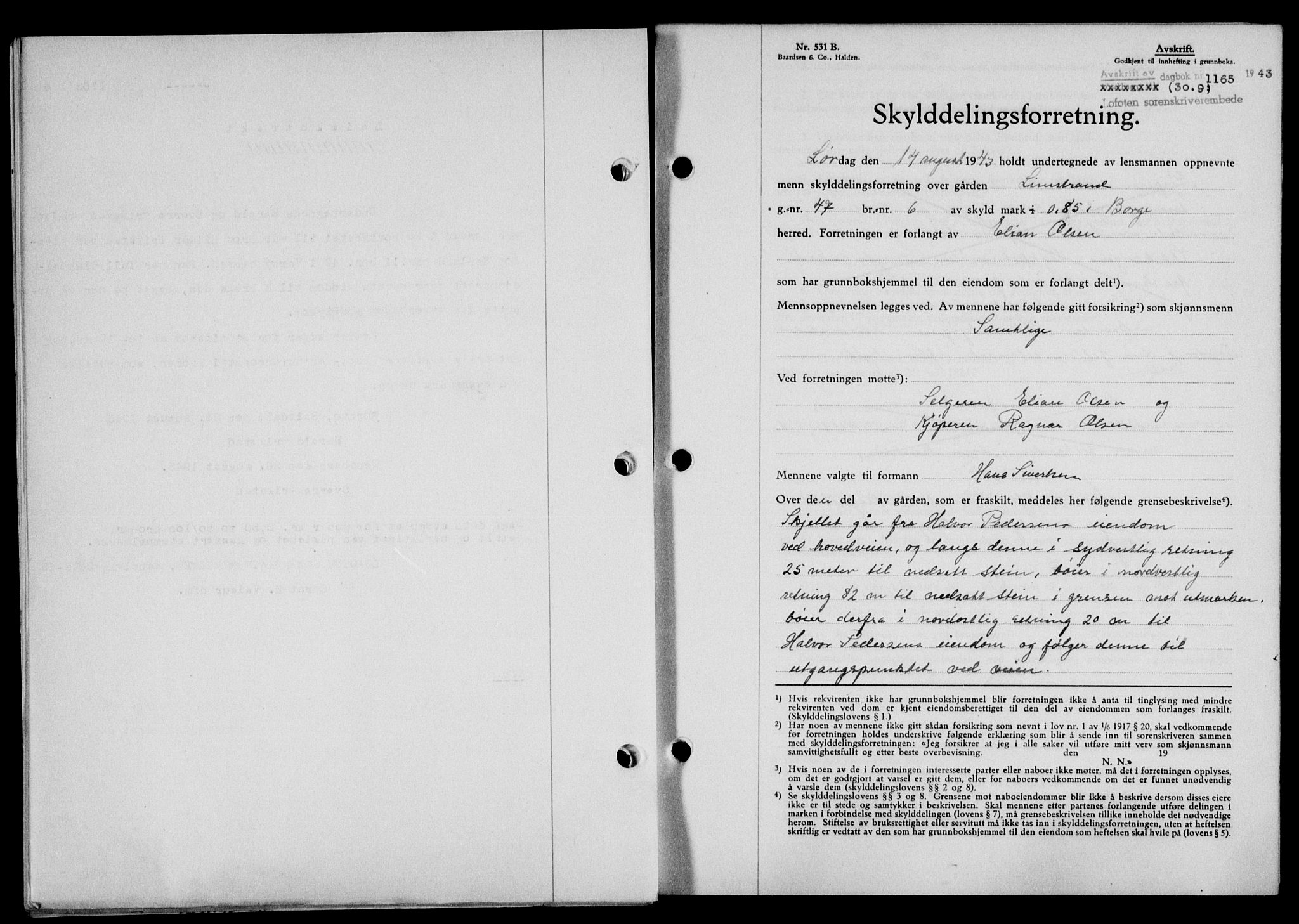 Lofoten sorenskriveri, SAT/A-0017/1/2/2C/L0011a: Mortgage book no. 11a, 1943-1943, Diary no: : 1165/1943