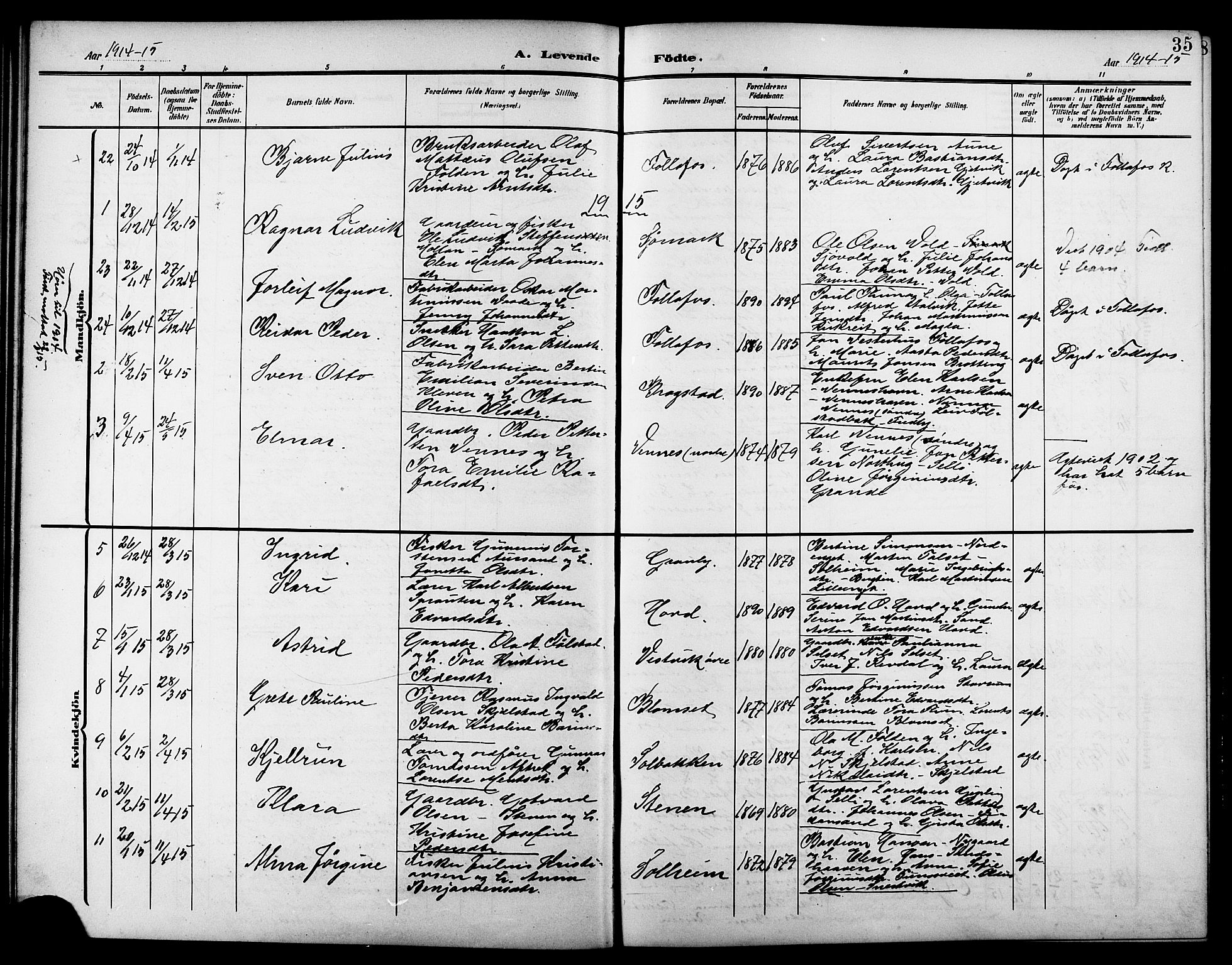 Ministerialprotokoller, klokkerbøker og fødselsregistre - Nord-Trøndelag, AV/SAT-A-1458/744/L0424: Parish register (copy) no. 744C03, 1906-1923, p. 35