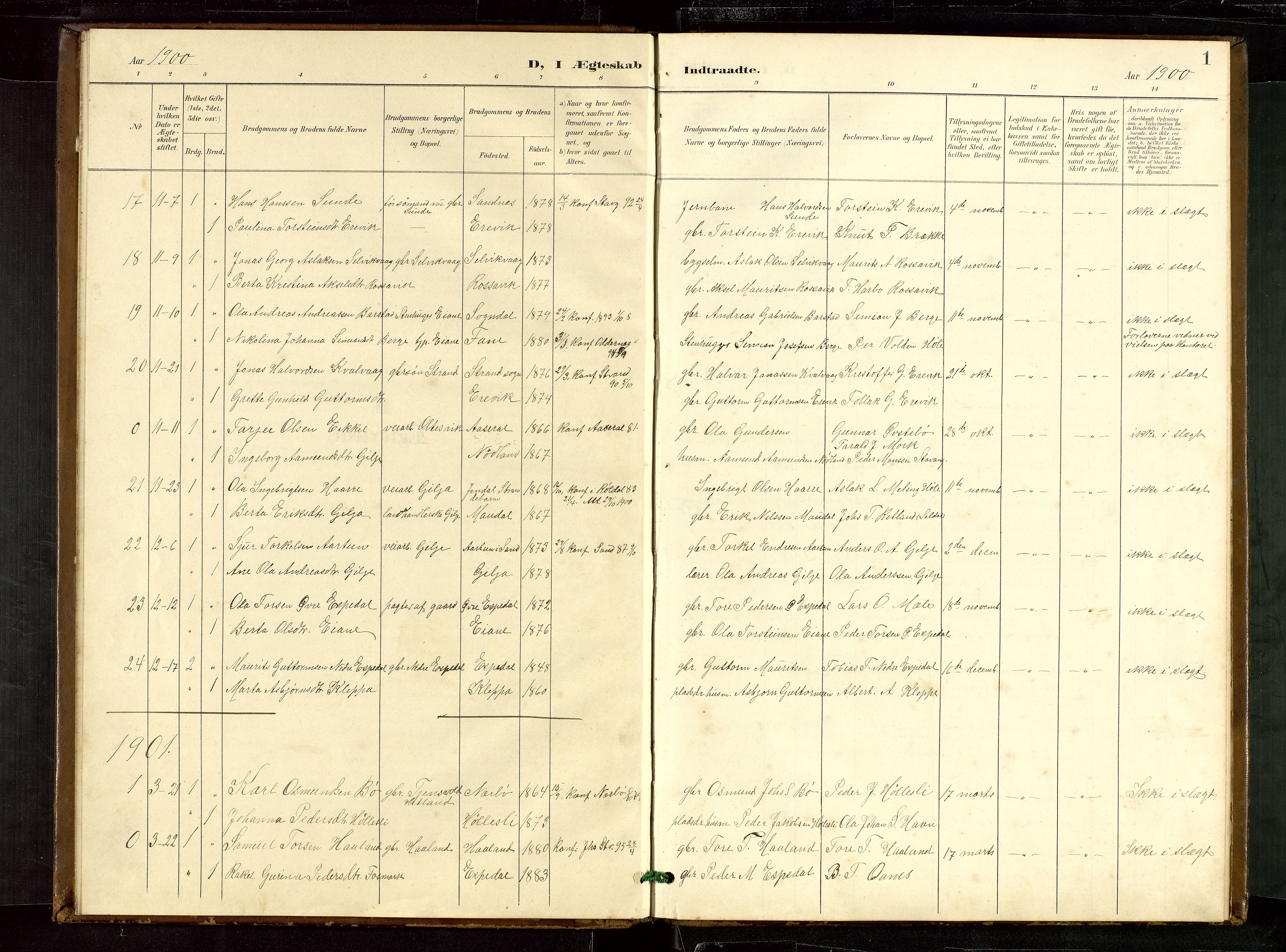 Høgsfjord sokneprestkontor, SAST/A-101624/H/Ha/Hab/L0010: Parish register (copy) no. B 10, 1900-1922, p. 1