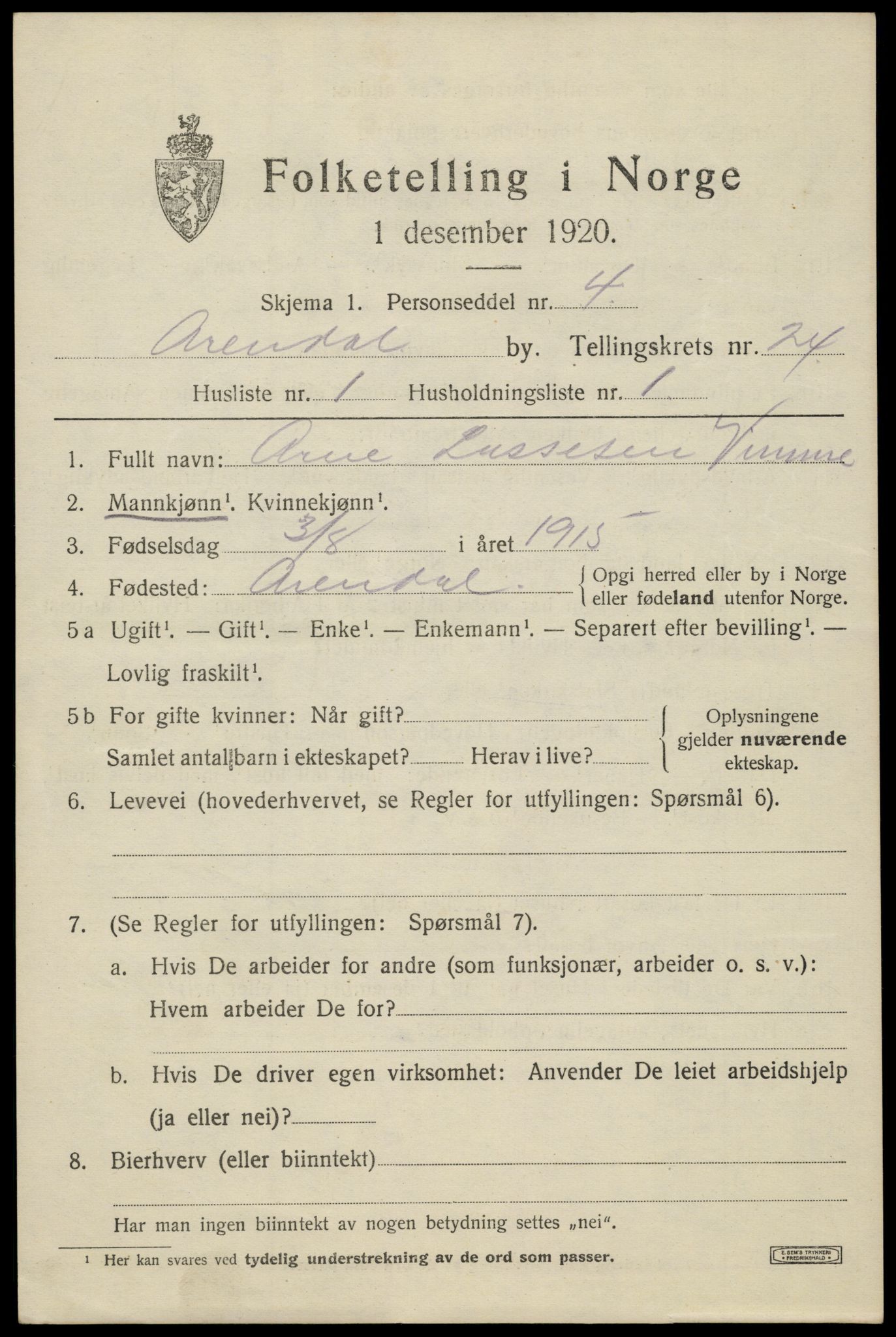SAK, 1920 census for Arendal, 1920, p. 29798