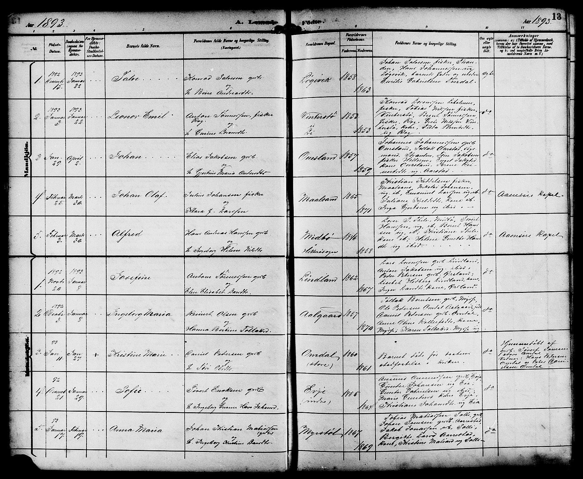 Sokndal sokneprestkontor, SAST/A-101808: Parish register (copy) no. B 6, 1892-1907, p. 13