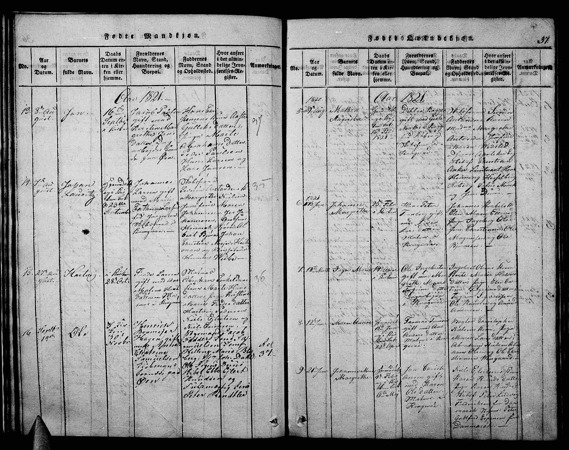 Kragerø kirkebøker, AV/SAKO-A-278/F/Fa/L0004: Parish register (official) no. 4, 1814-1831, p. 37