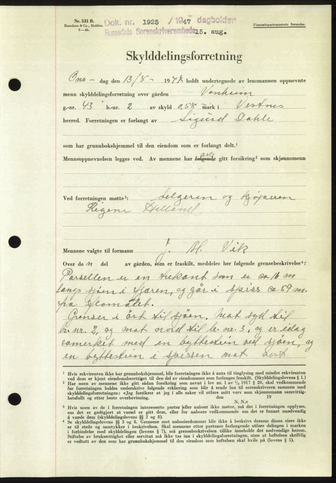 Romsdal sorenskriveri, AV/SAT-A-4149/1/2/2C: Mortgage book no. A23, 1947-1947, Diary no: : 1925/1947