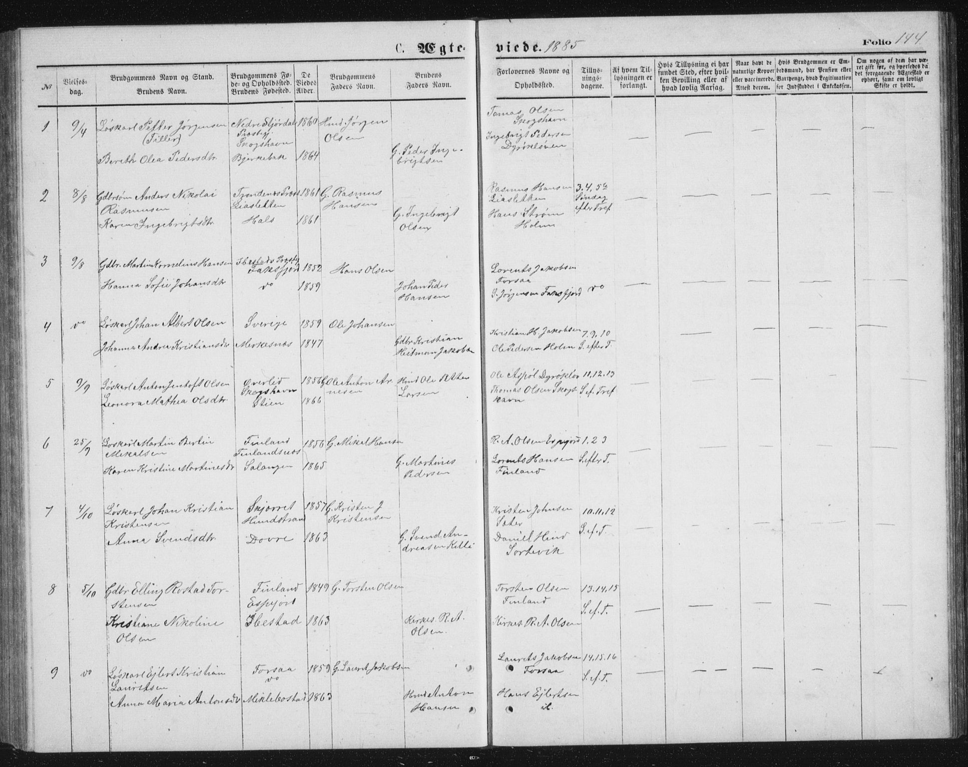 Tranøy sokneprestkontor, SATØ/S-1313/I/Ia/Iab/L0013klokker: Parish register (copy) no. 13, 1874-1896, p. 144